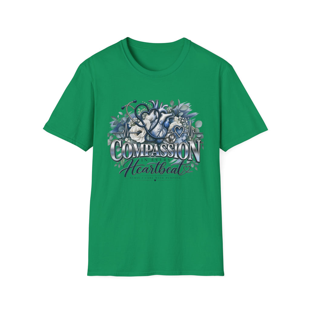 Compassion Heartbeat T-Shirt — Stethoscope & Floral Nurse Medical Tee