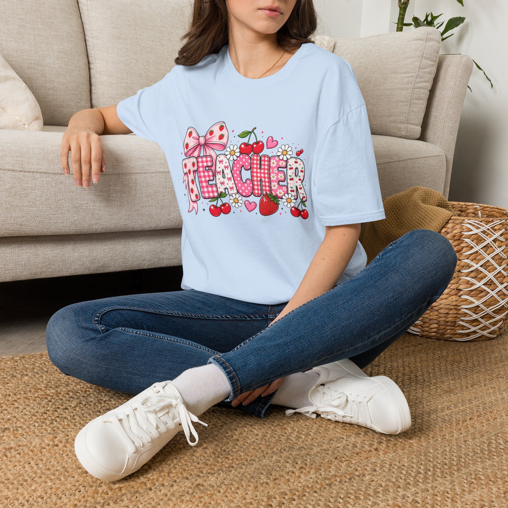 Teacher Graphic Tee — Cute Strawberry & Cherry Floral Design