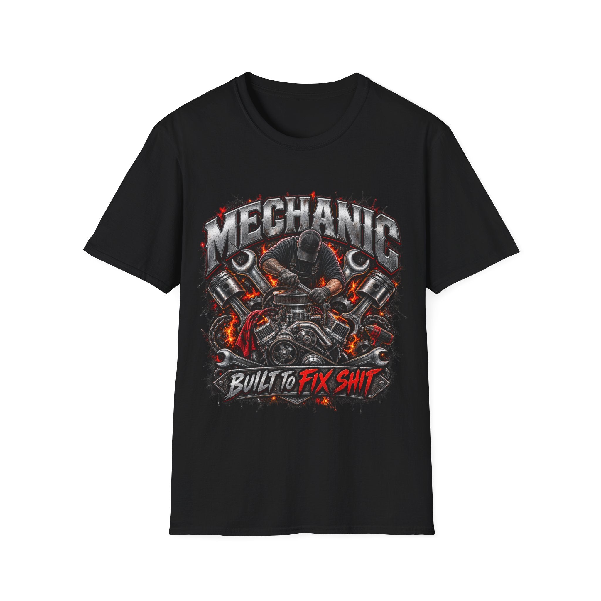 Mechanic T-Shirt — "Built to Fix Sh!t" Garage Wrench Repair Tee
