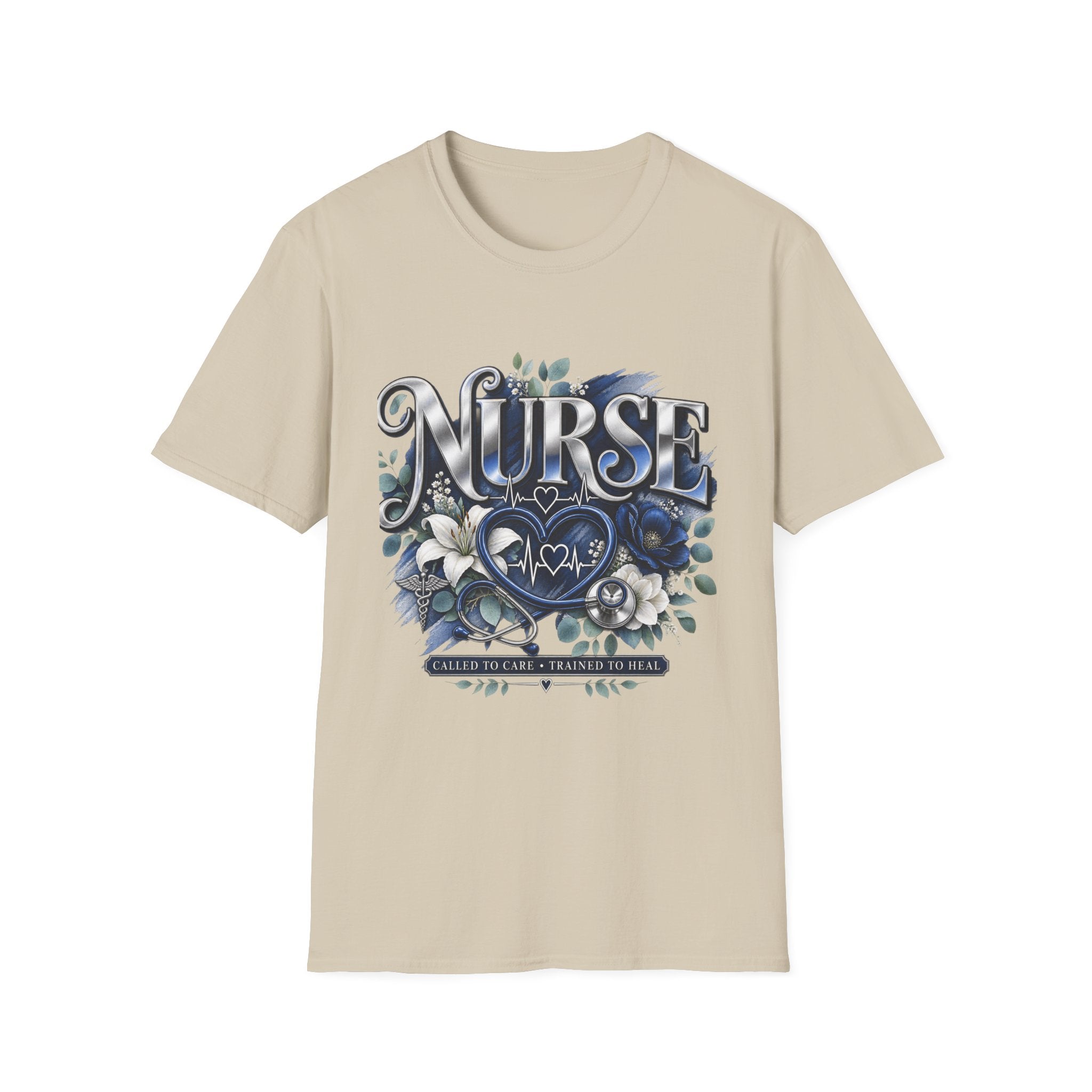 Nurse Floral Heart T‑Shirt — Blue Script Medical Pride Tee