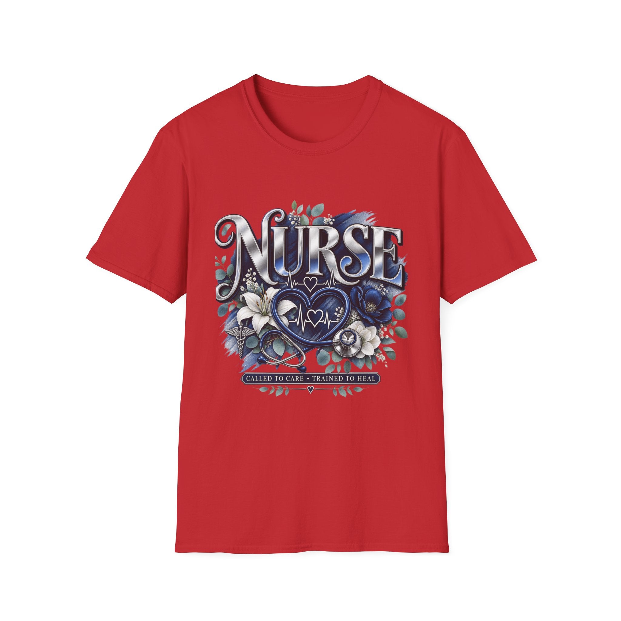 Nurse Floral Heart T‑Shirt — Blue Script Medical Pride Tee