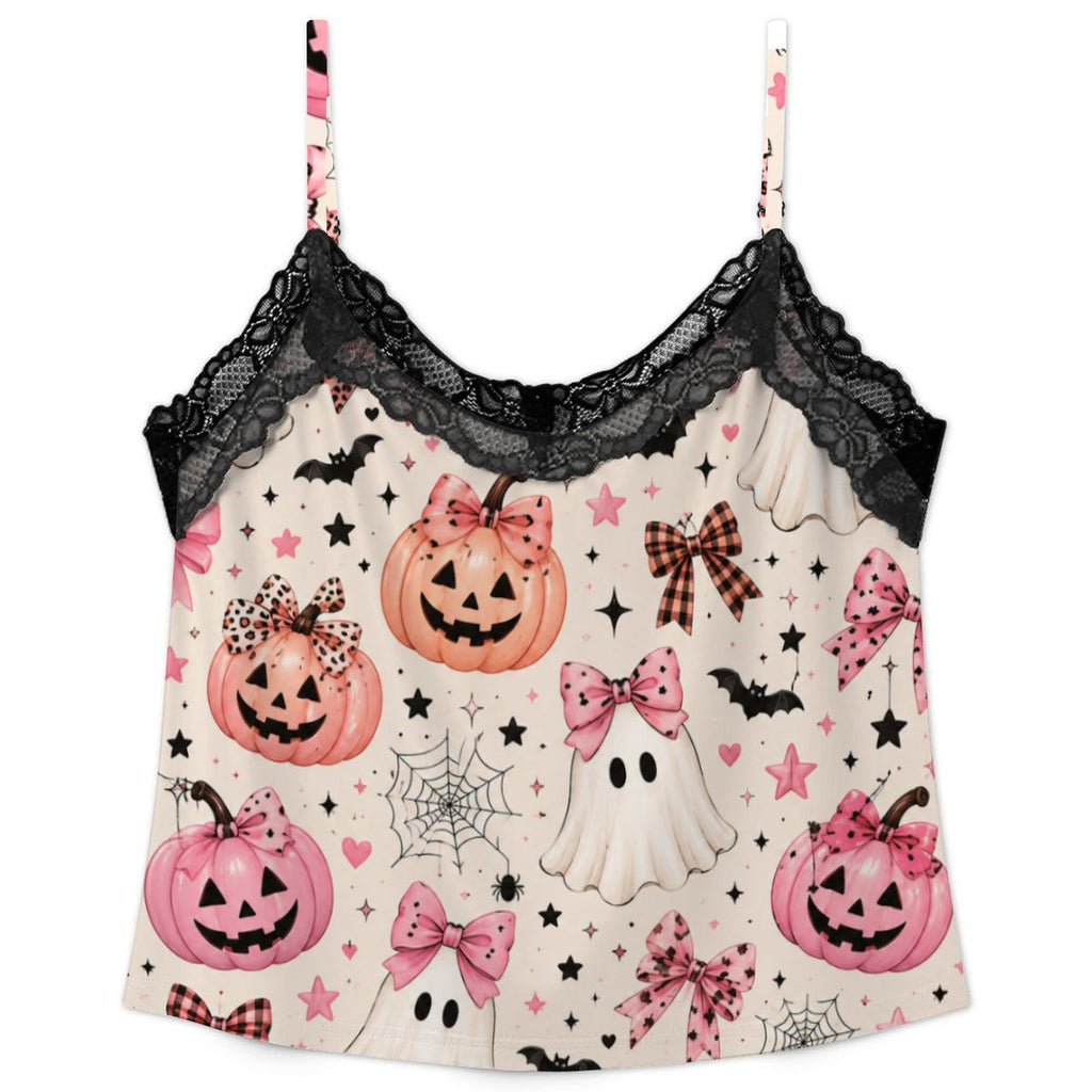 Women Cami Lace Pajama Set pink pumpkin print