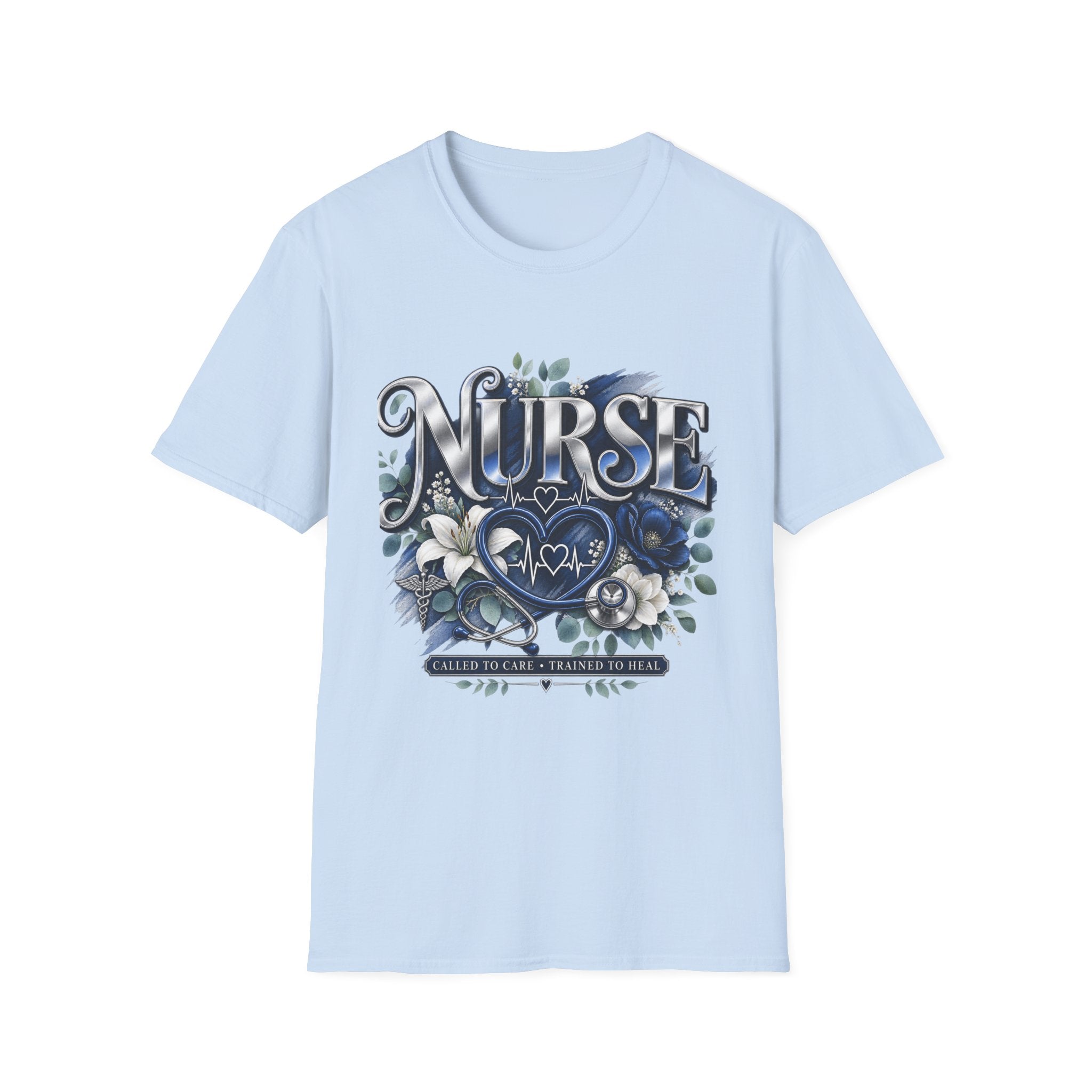Nurse Floral Heart T‑Shirt — Blue Script Medical Pride Tee