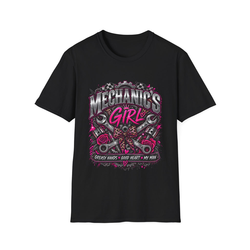 Mechanic's Girl T‑Shirt — Women's Automotive Crew Tee (Pink Gears & Wrenches)