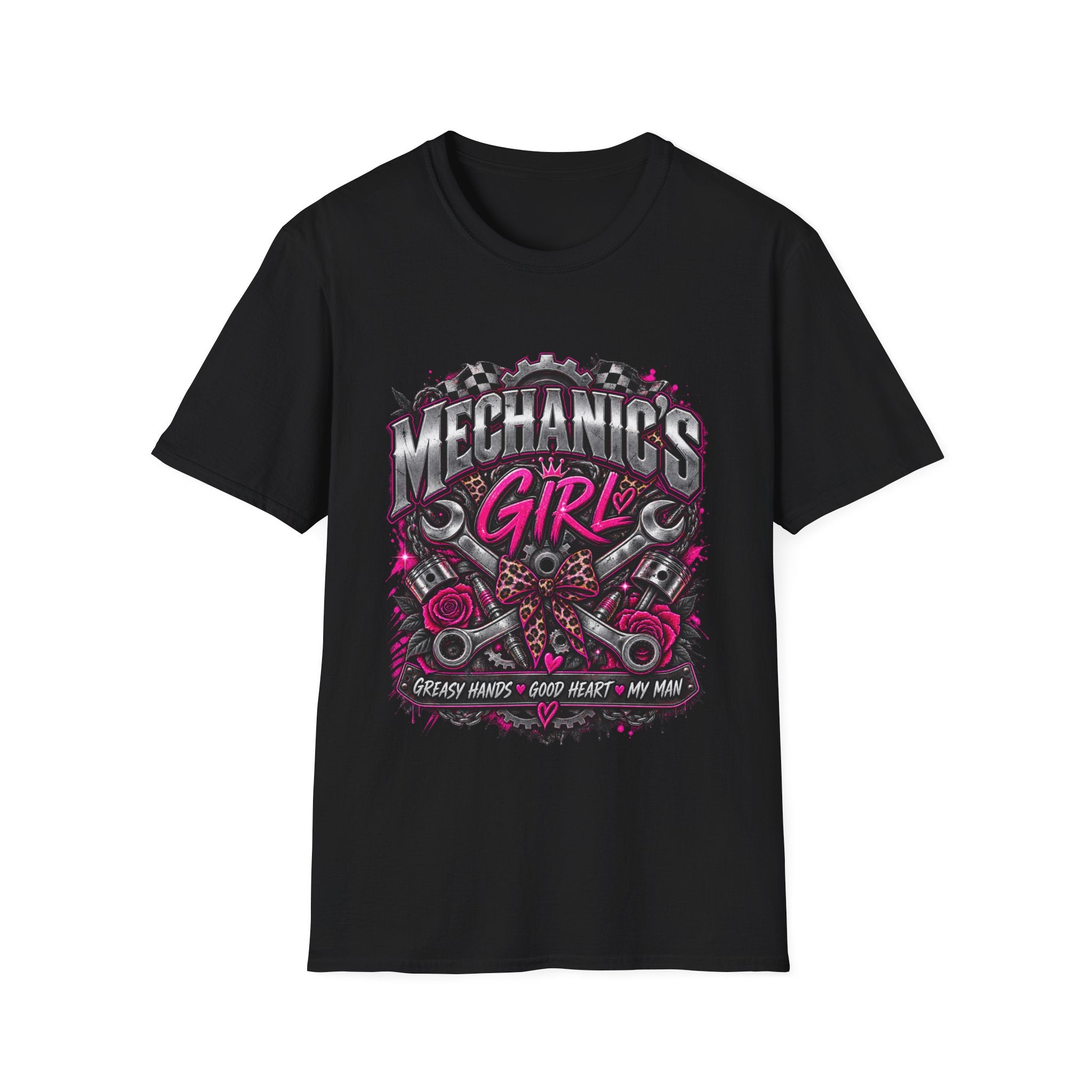 Mechanic's Girl T‑Shirt — Women's Automotive Crew Tee (Pink Gears & Wrenches)
