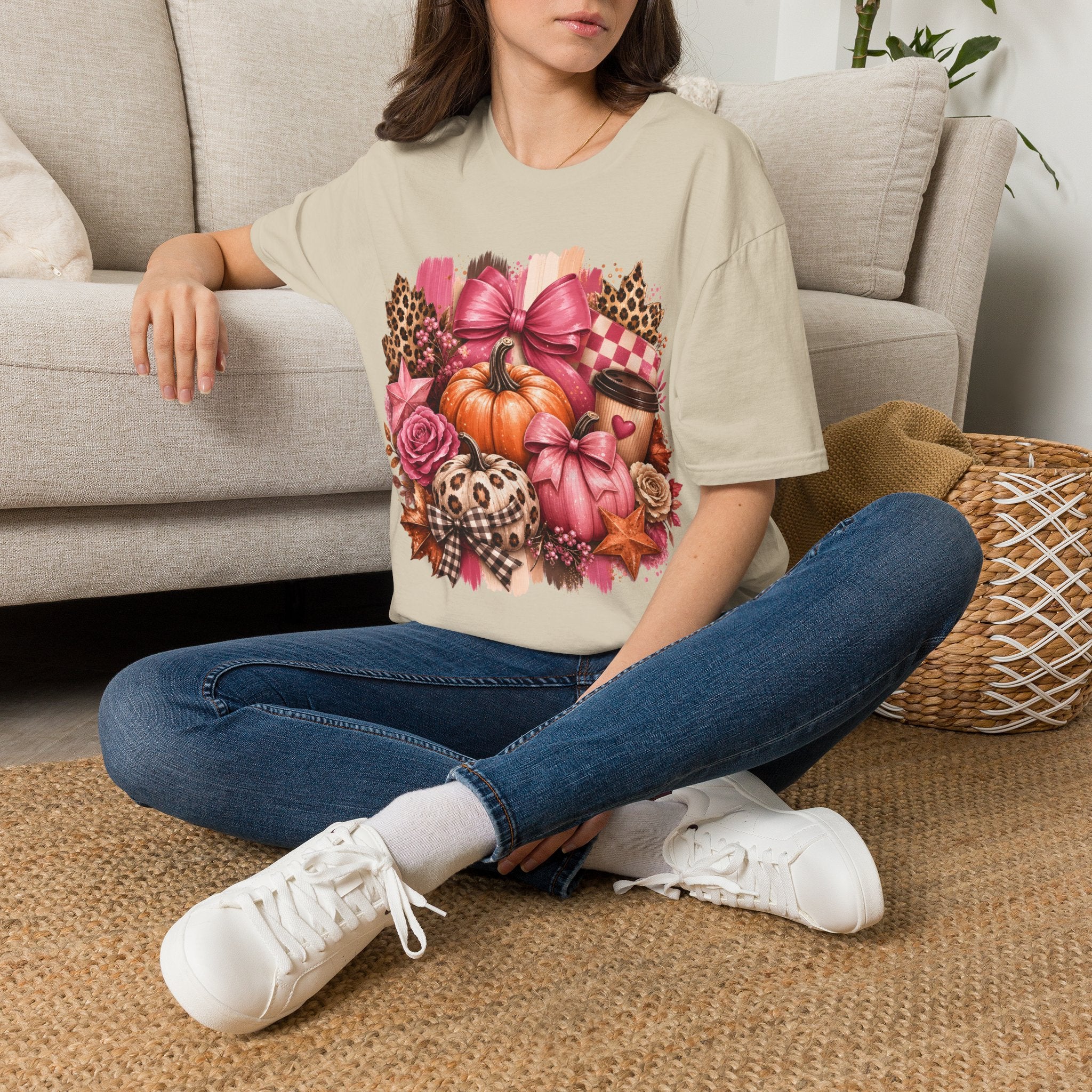 Pumpkin Bow Graphic T‑Shirt — Pink Fall Pumpkin & Leopard Coffee Tee