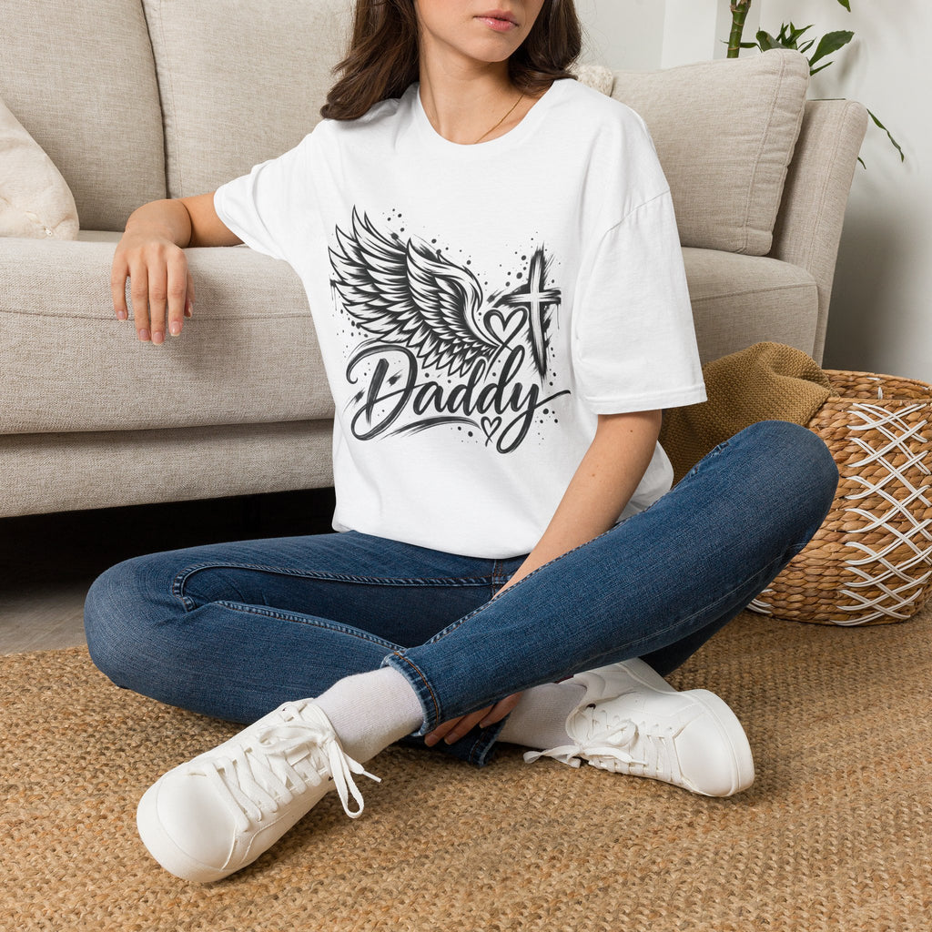 Daddy Memorial T-Shirt — Angel Wing, Cross & Heart Tribute