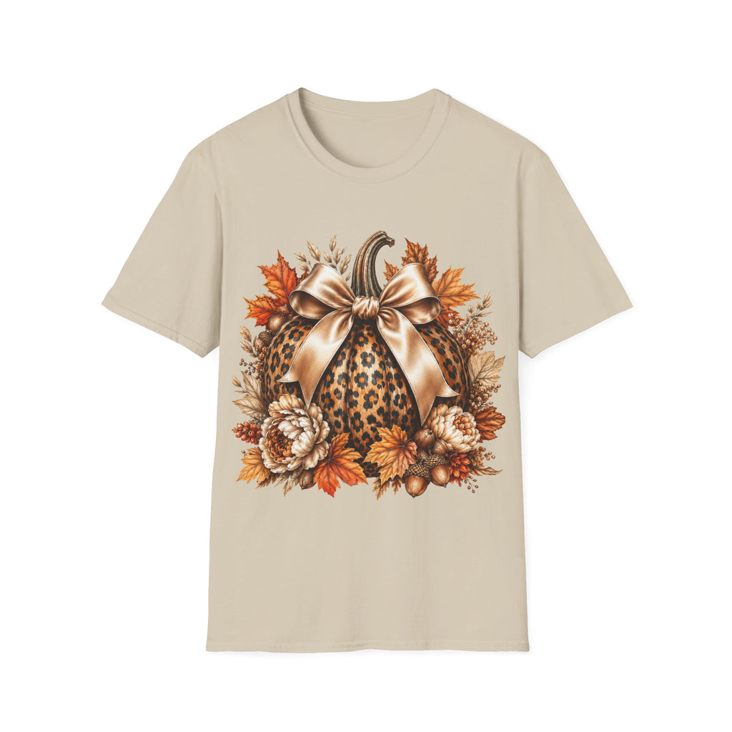 Leopard Pumpkin Fall T-Shirt — Autumn Bow & Leaves Graphic Tee