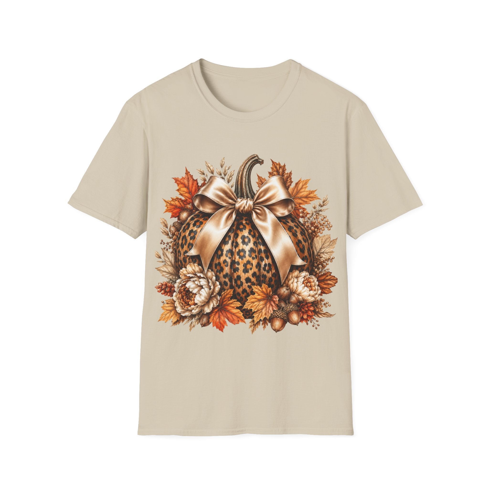 Leopard Pumpkin Fall T-Shirt — Autumn Bow & Leaves Graphic Tee