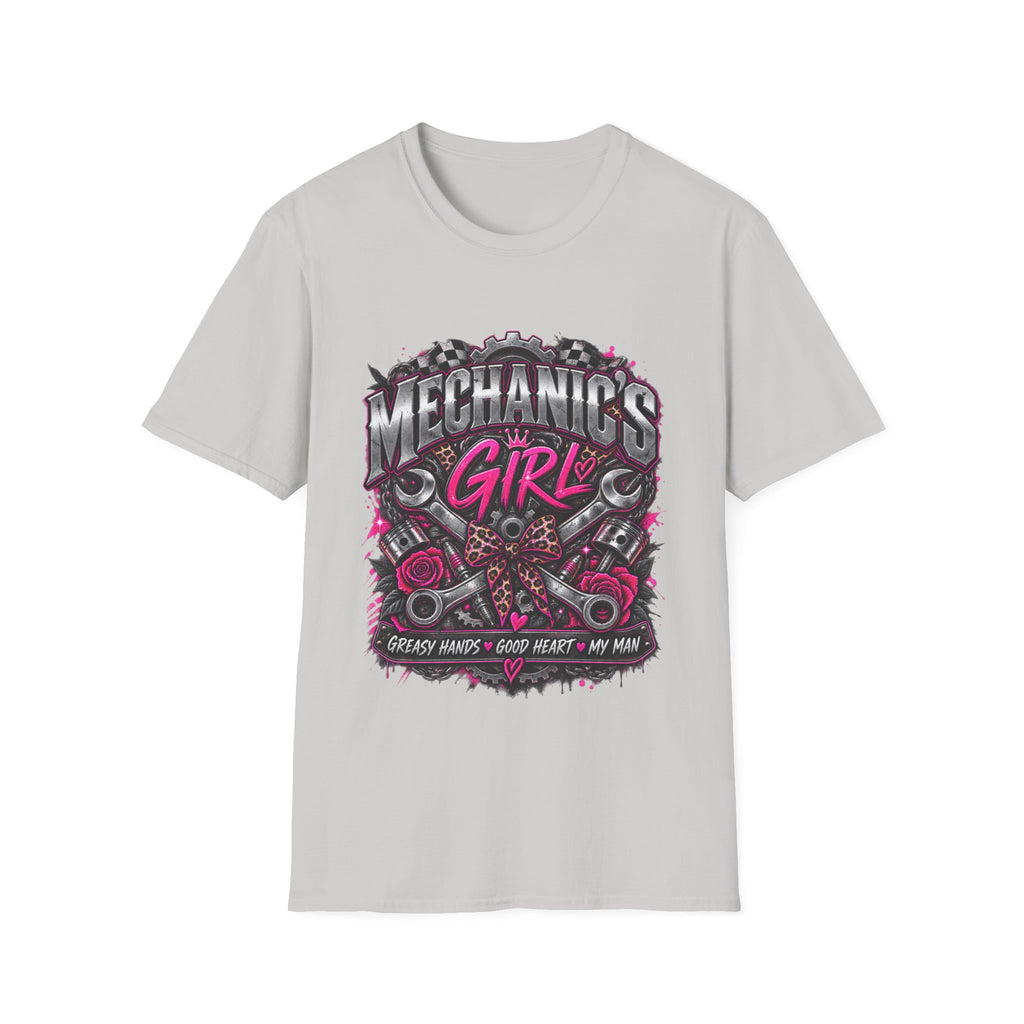 Mechanic's Girl T‑Shirt — Women's Automotive Crew Tee (Pink Gears & Wrenches)