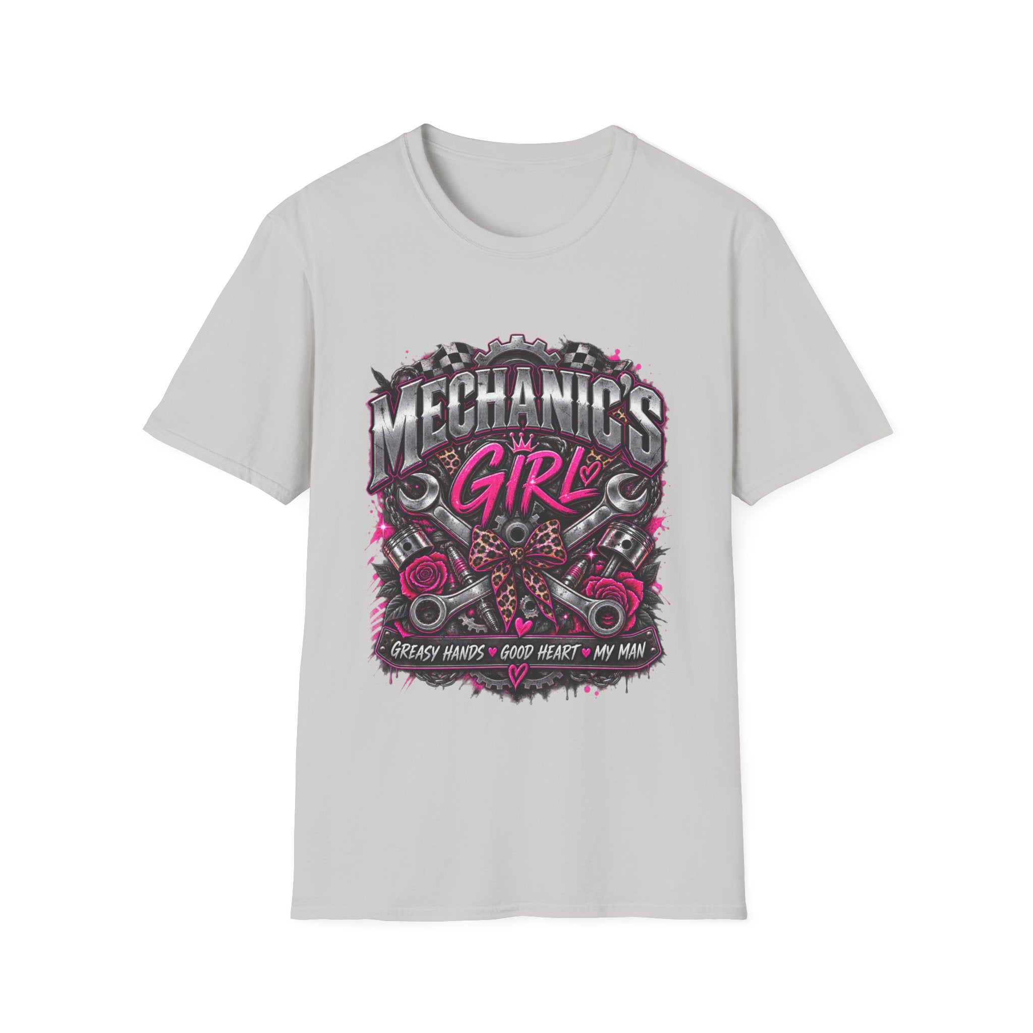 Mechanic's Girl T‑Shirt — Women's Automotive Crew Tee (Pink Gears & Wrenches)
