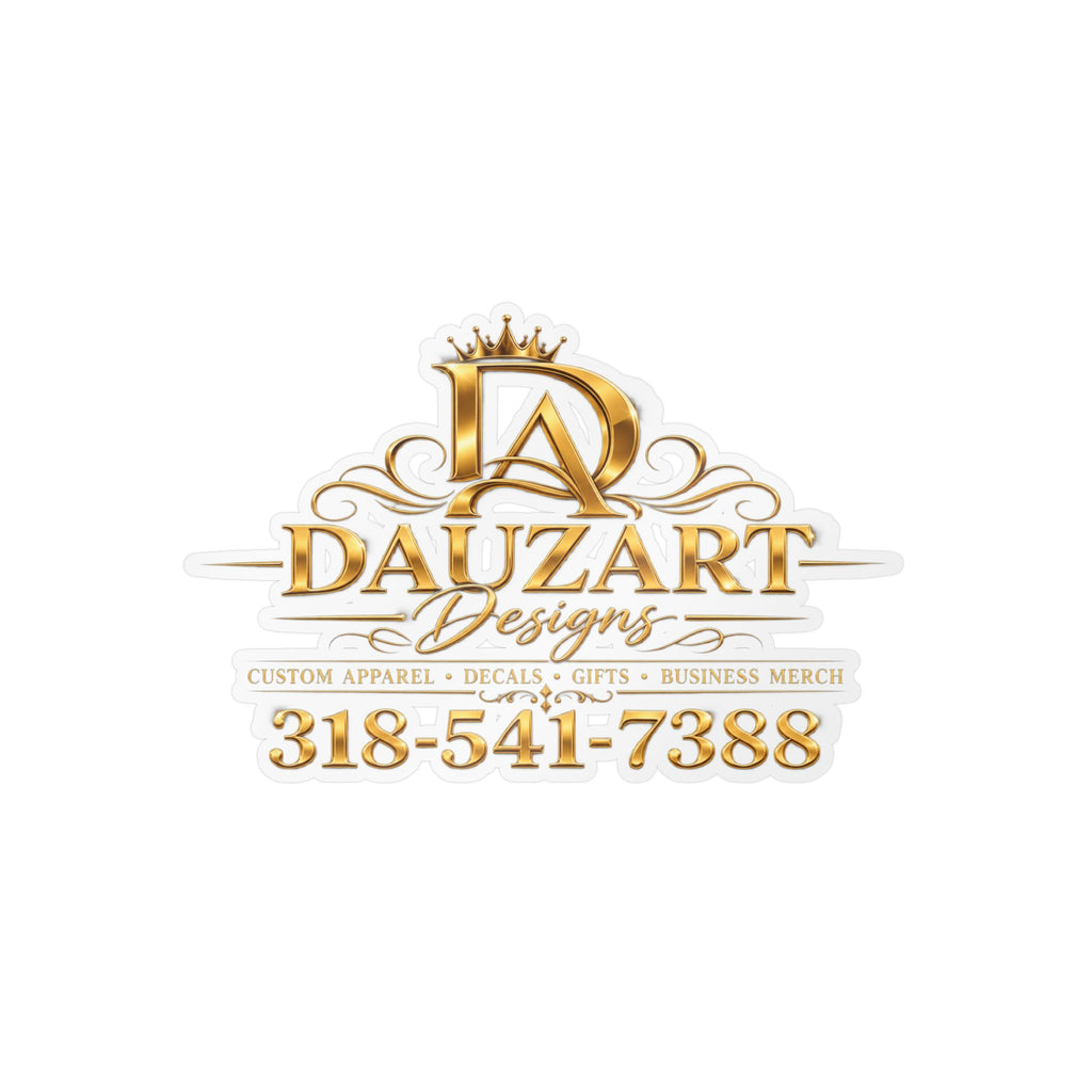 Logo Vinyl Decal — Gold "Dauzart Designs" Kiss-Cut Sticker with Phone Number