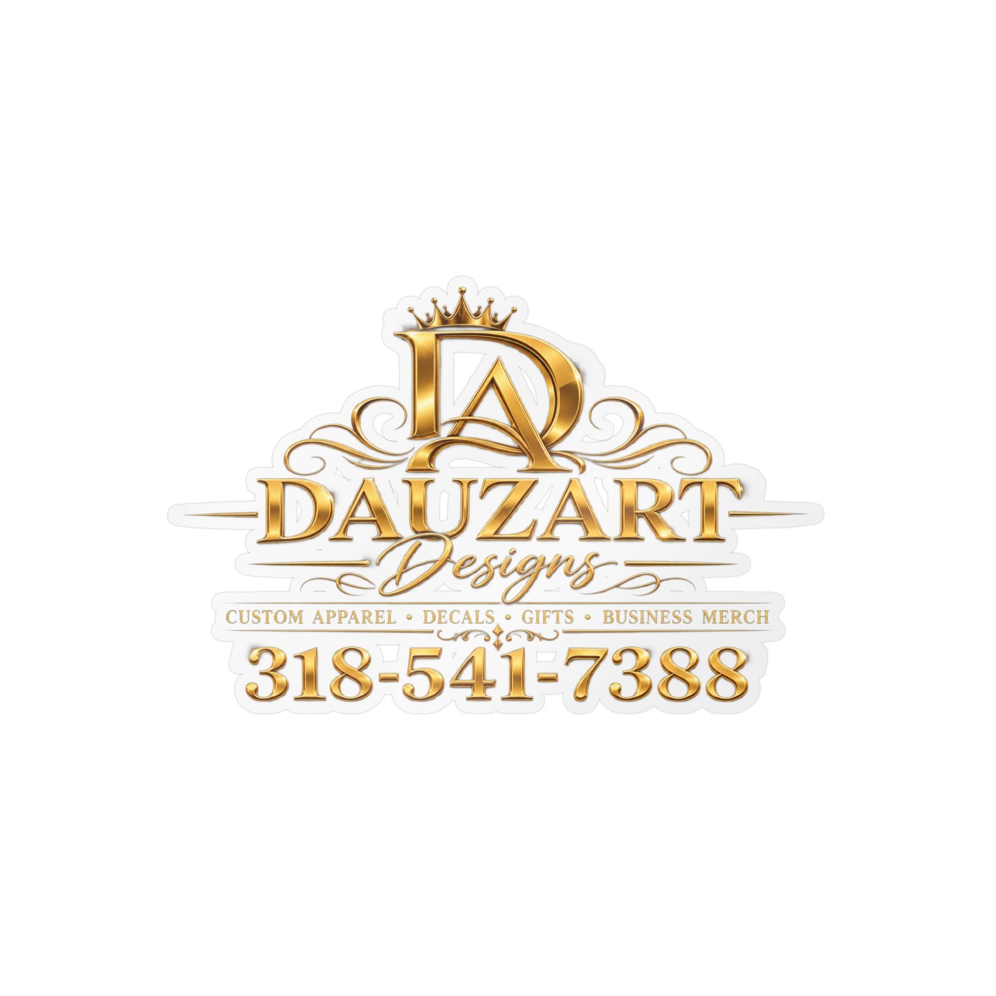 Logo Vinyl Decal — Gold "Dauzart Designs" Kiss-Cut Sticker with Phone Number
