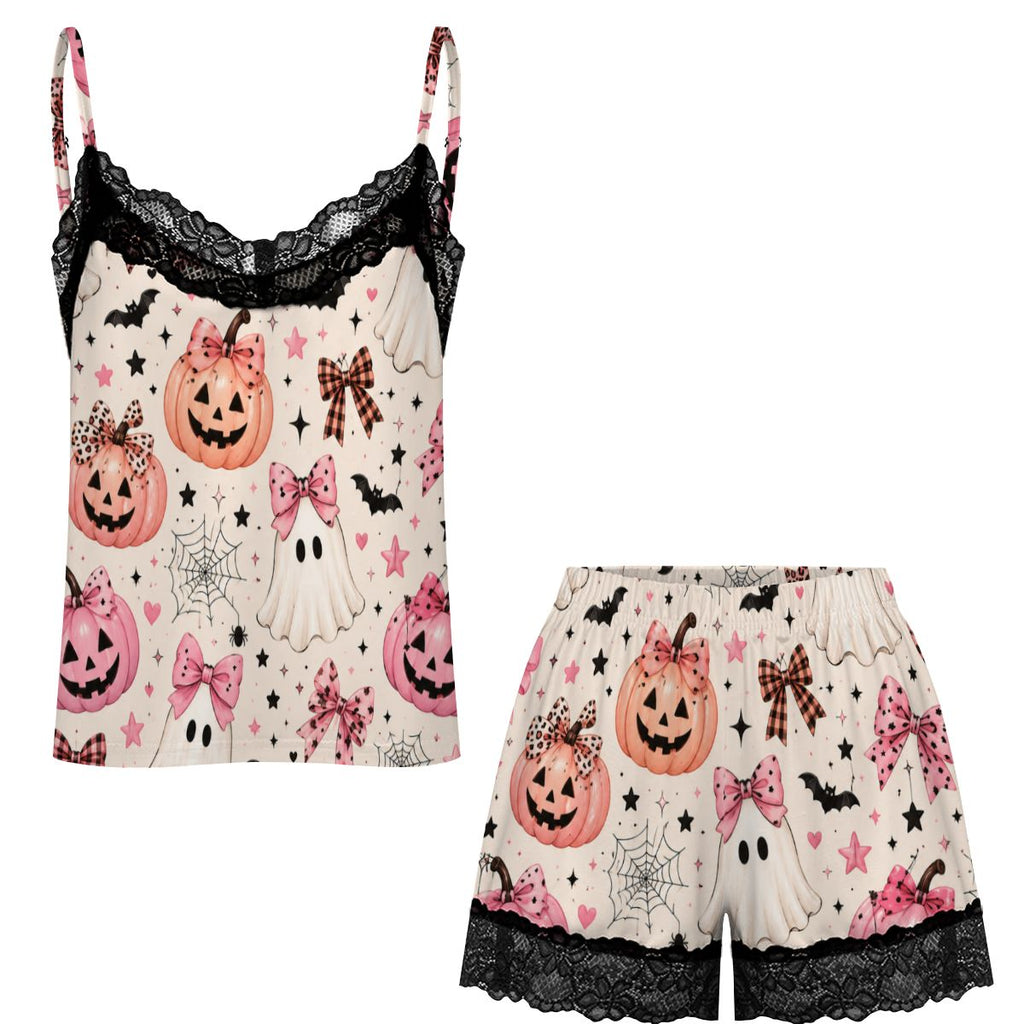 Women Cami Lace Pajama Set pink pumpkin print