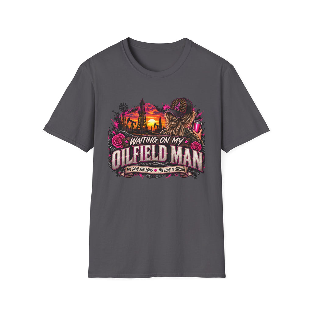 Waiting On My Oilfield Man T-Shirt — Vintage Sunset Oilfield Lady Tee