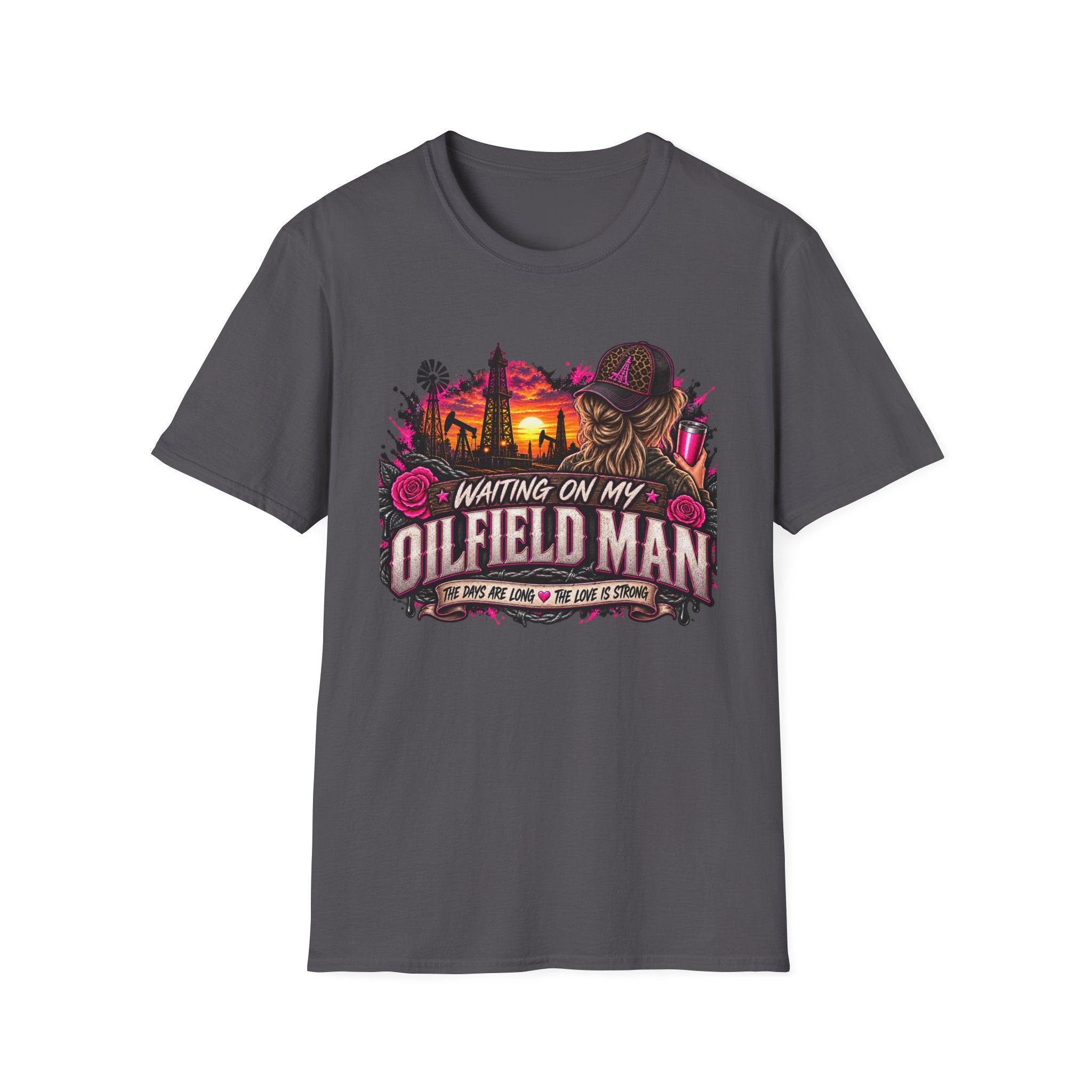 Waiting On My Oilfield Man T-Shirt — Vintage Sunset Oilfield Lady Tee