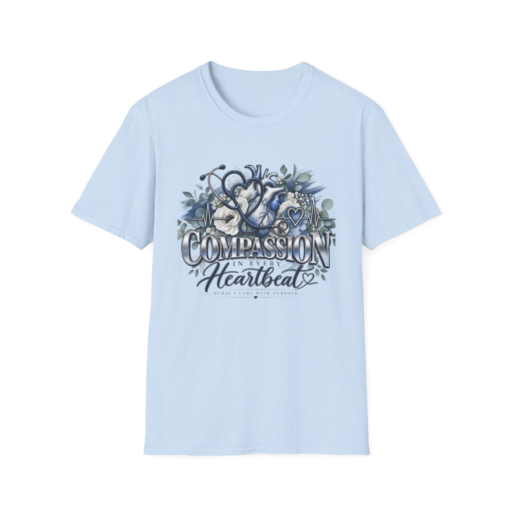 Compassion Heartbeat T-Shirt — Stethoscope & Floral Nurse Medical Tee