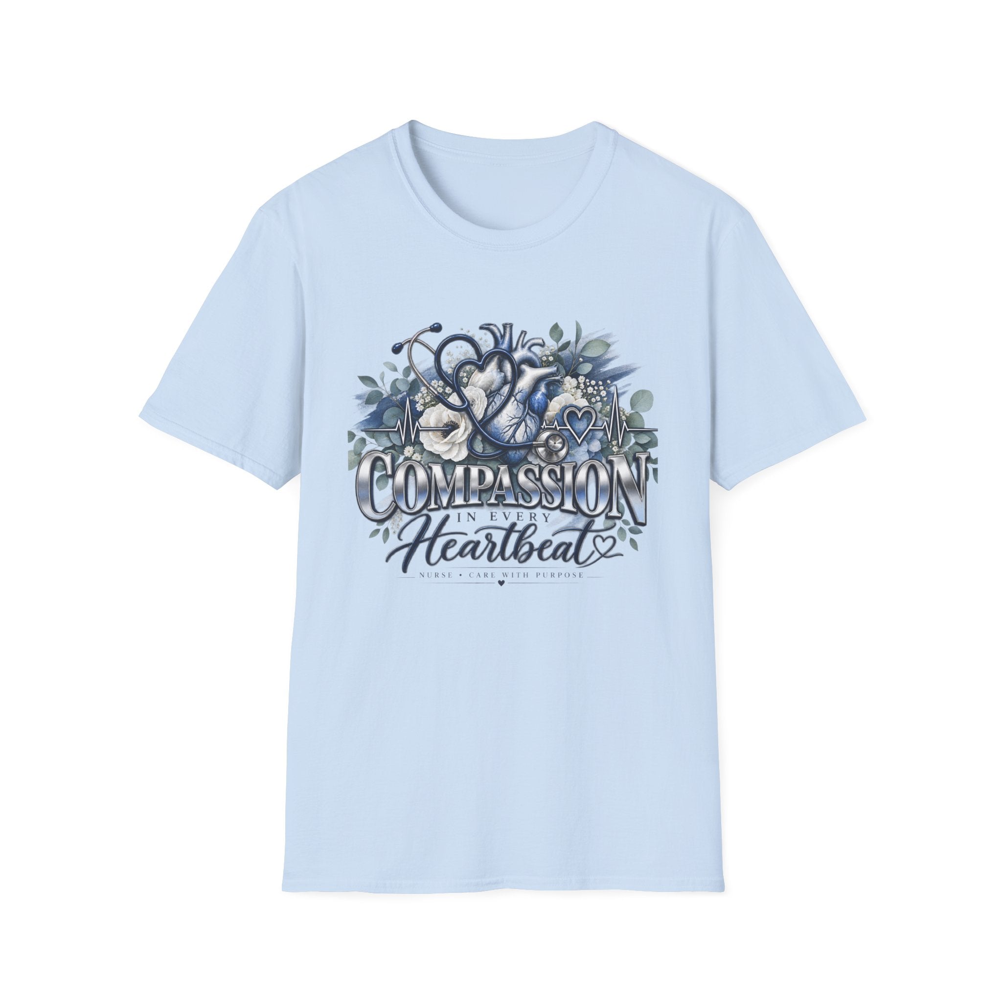 Compassion Heartbeat T-Shirt — Stethoscope & Floral Nurse Medical Tee