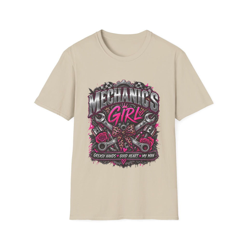 Mechanic's Girl T‑Shirt — Women's Automotive Crew Tee (Pink Gears & Wrenches)