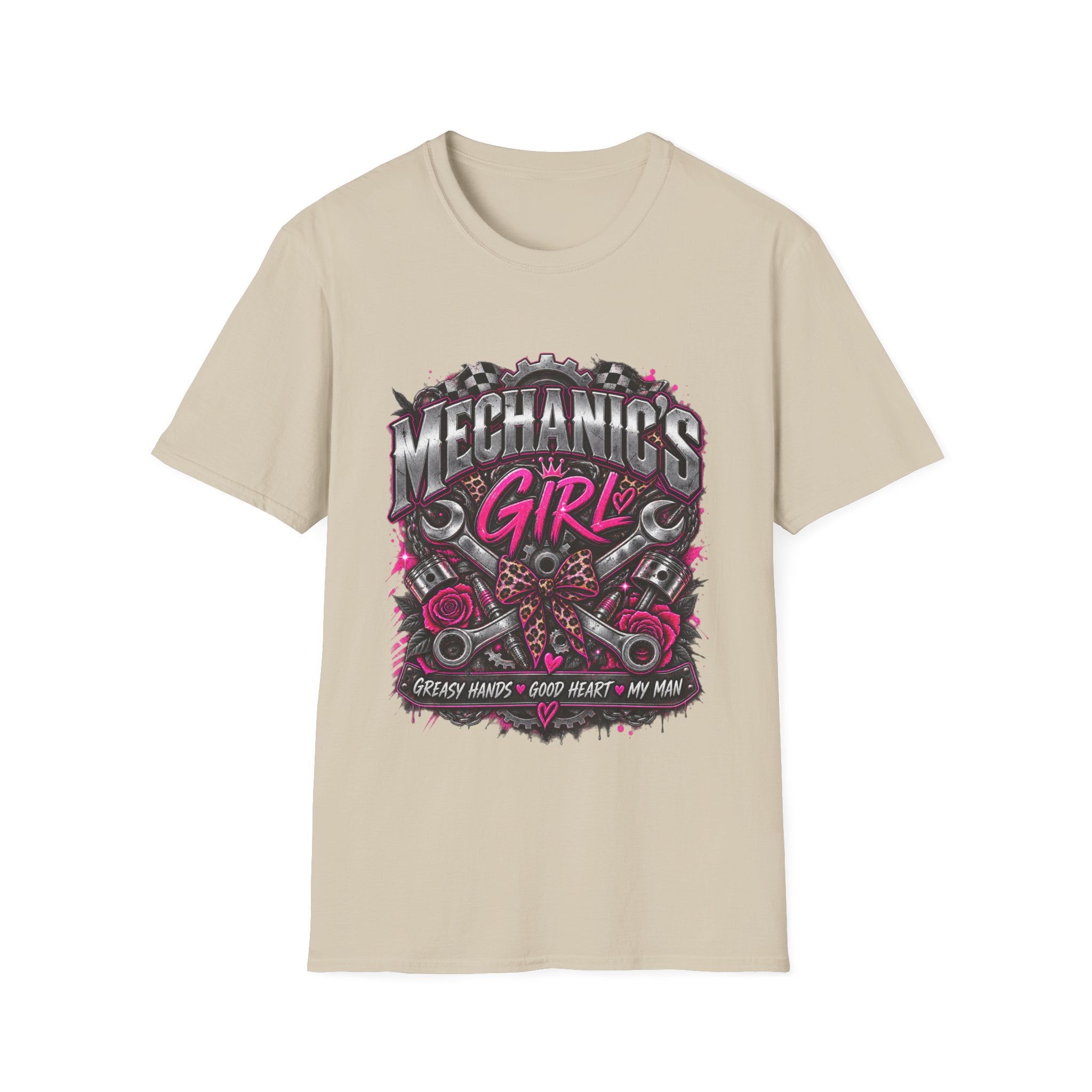 Mechanic's Girl T‑Shirt — Women's Automotive Crew Tee (Pink Gears & Wrenches)