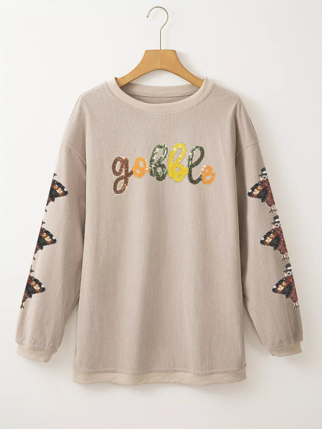 Gobble Corded Ribbed Thanksgiving Turkey Sequin Patched Sleeve Sweatshirt