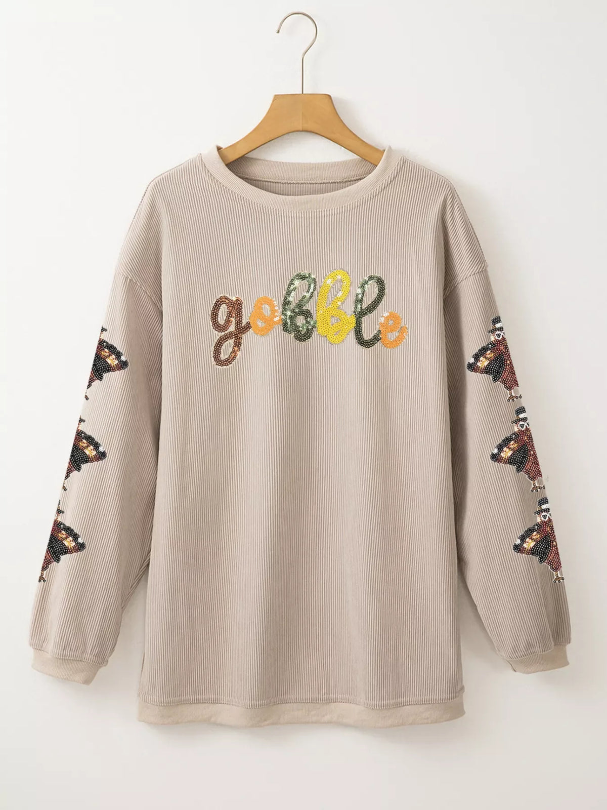 Gobble Corded Ribbed Thanksgiving Turkey Sequin Patched Sleeve Sweatshirt