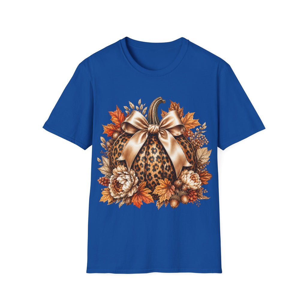 Leopard Pumpkin Fall T-Shirt — Autumn Bow & Leaves Graphic Tee