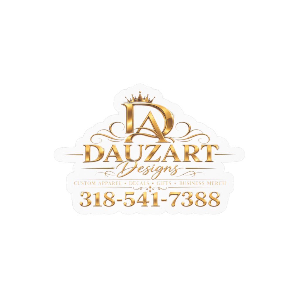 Logo Vinyl Decal — Gold "Dauzart Designs" Kiss-Cut Sticker with Phone Number