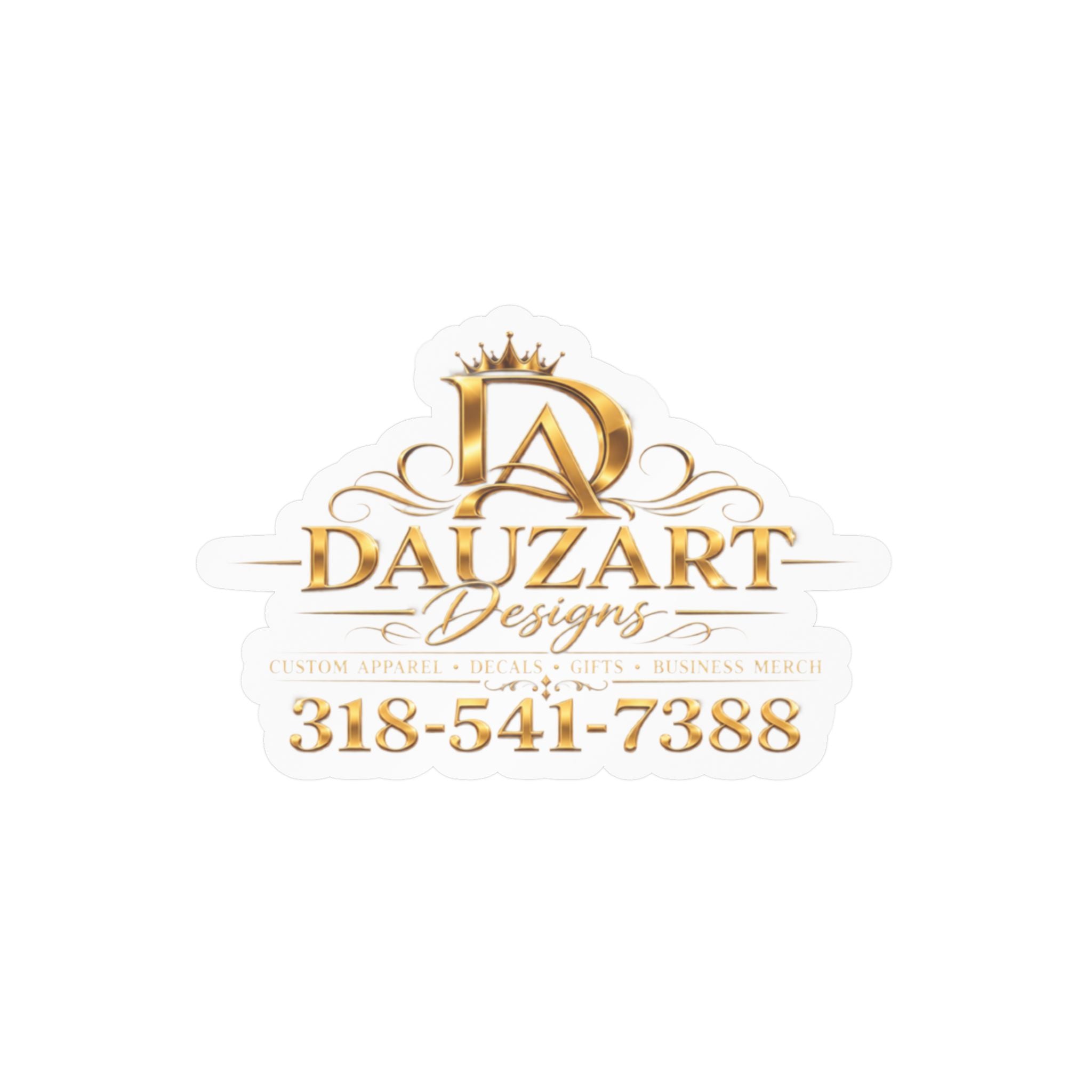 Logo Vinyl Decal — Gold "Dauzart Designs" Kiss-Cut Sticker with Phone Number