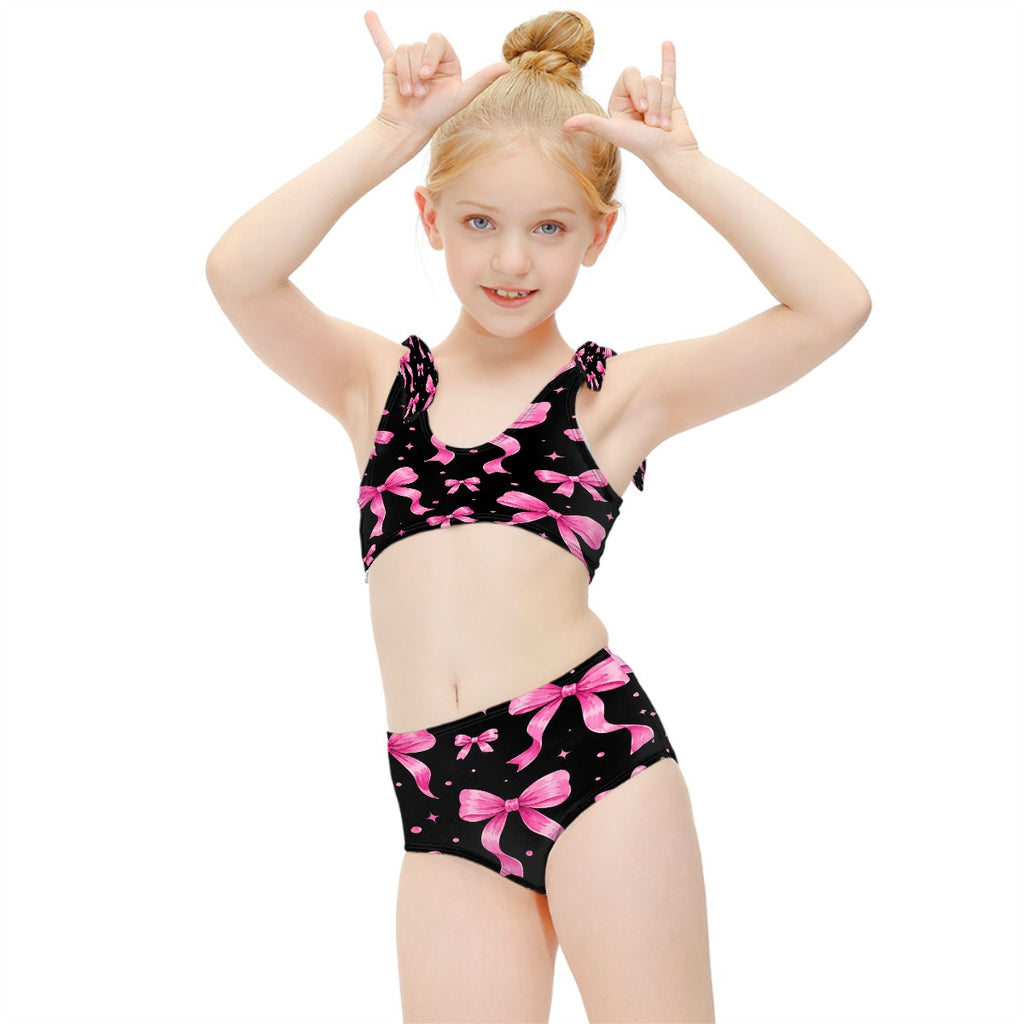 Girls Two Piece Swimsuits Customized Services pink bow print (2)