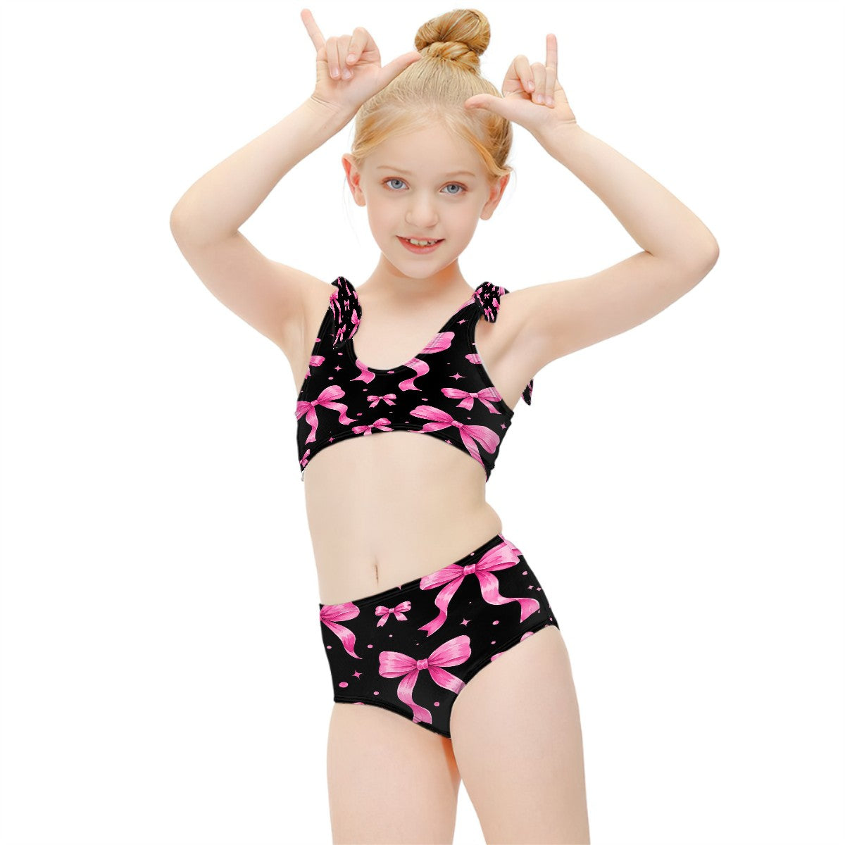 Girls Two Piece Swimsuits Customized Services pink bow print (2)