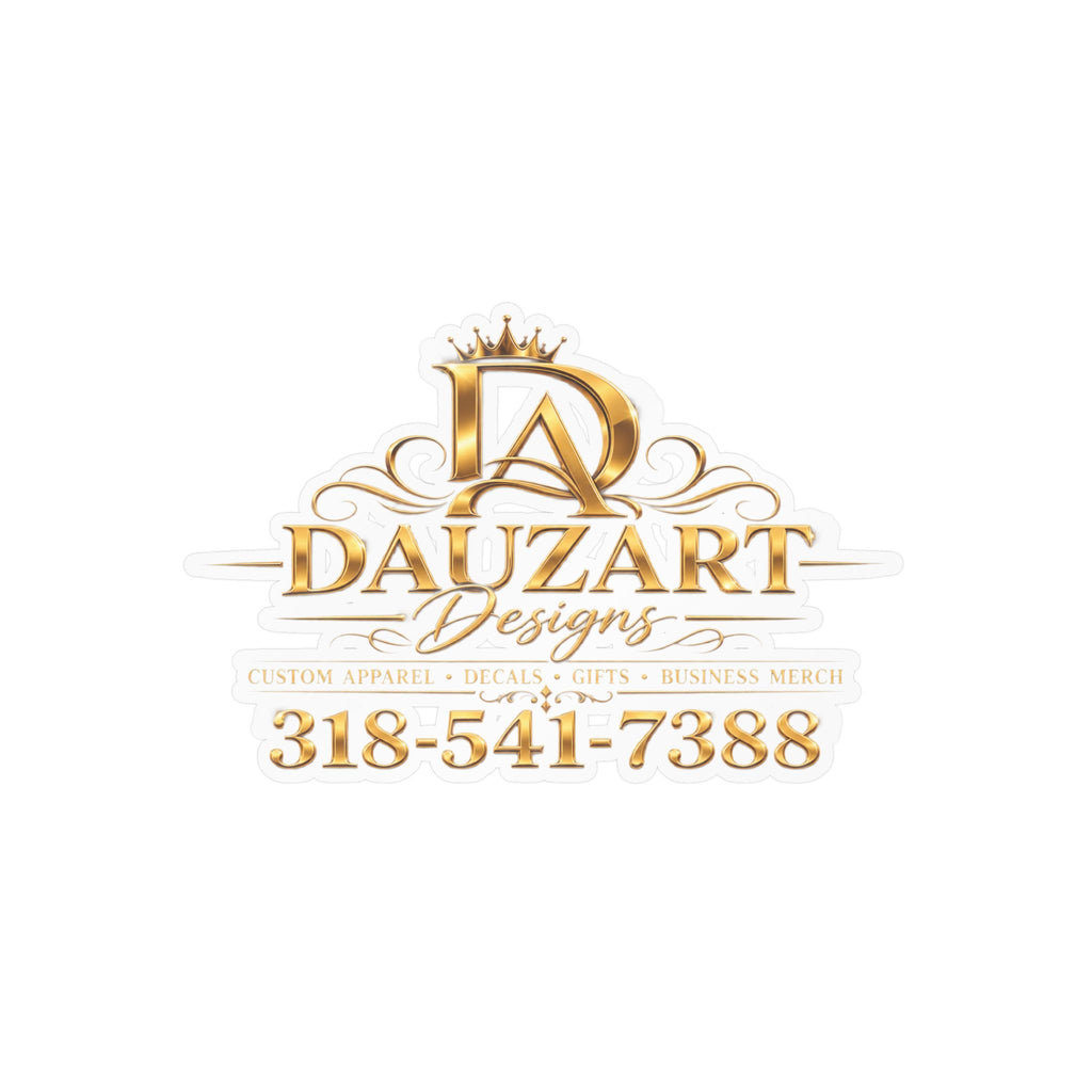 Logo Vinyl Decal — Gold "Dauzart Designs" Kiss-Cut Sticker with Phone Number
