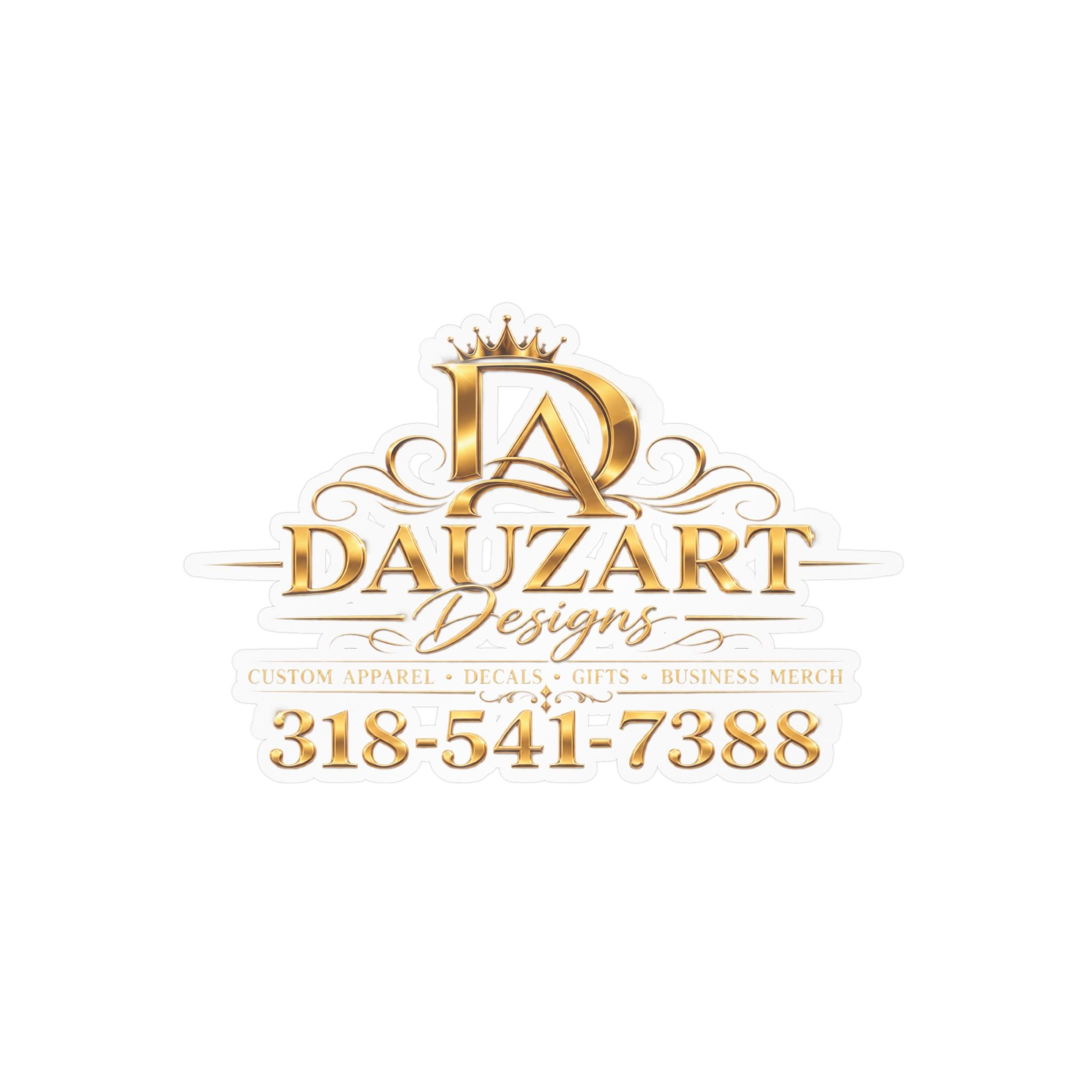 Logo Vinyl Decal — Gold "Dauzart Designs" Kiss-Cut Sticker with Phone Number