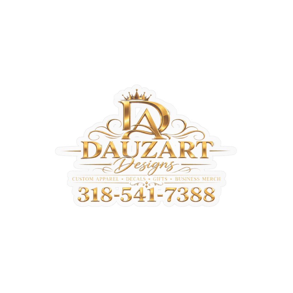 Logo Vinyl Decal — Gold "Dauzart Designs" Kiss-Cut Sticker with Phone Number