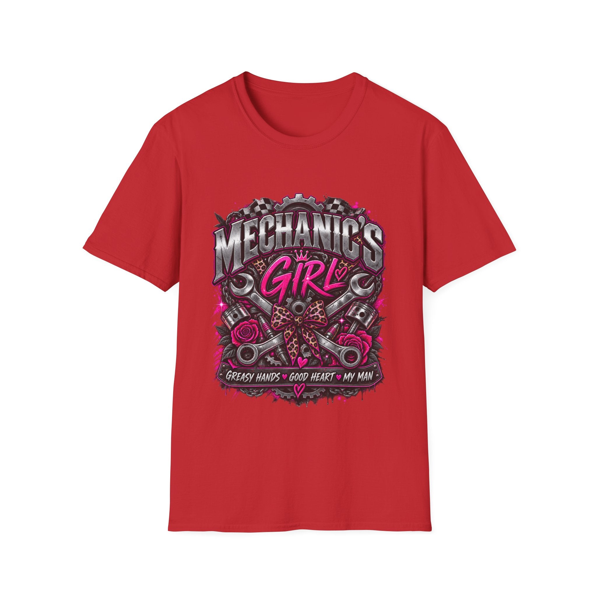 Mechanic's Girl T‑Shirt — Women's Automotive Crew Tee (Pink Gears & Wrenches)