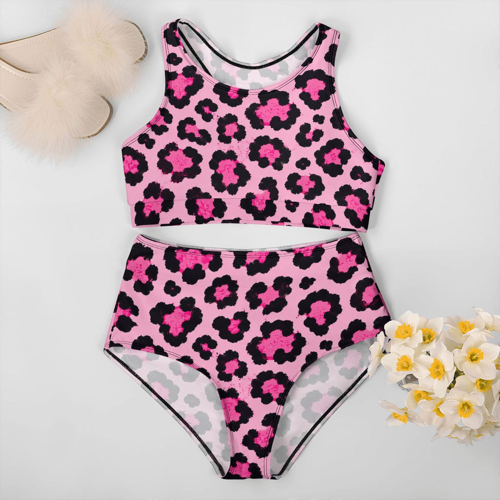 Women's High Waisted Bikinis pink leopard print