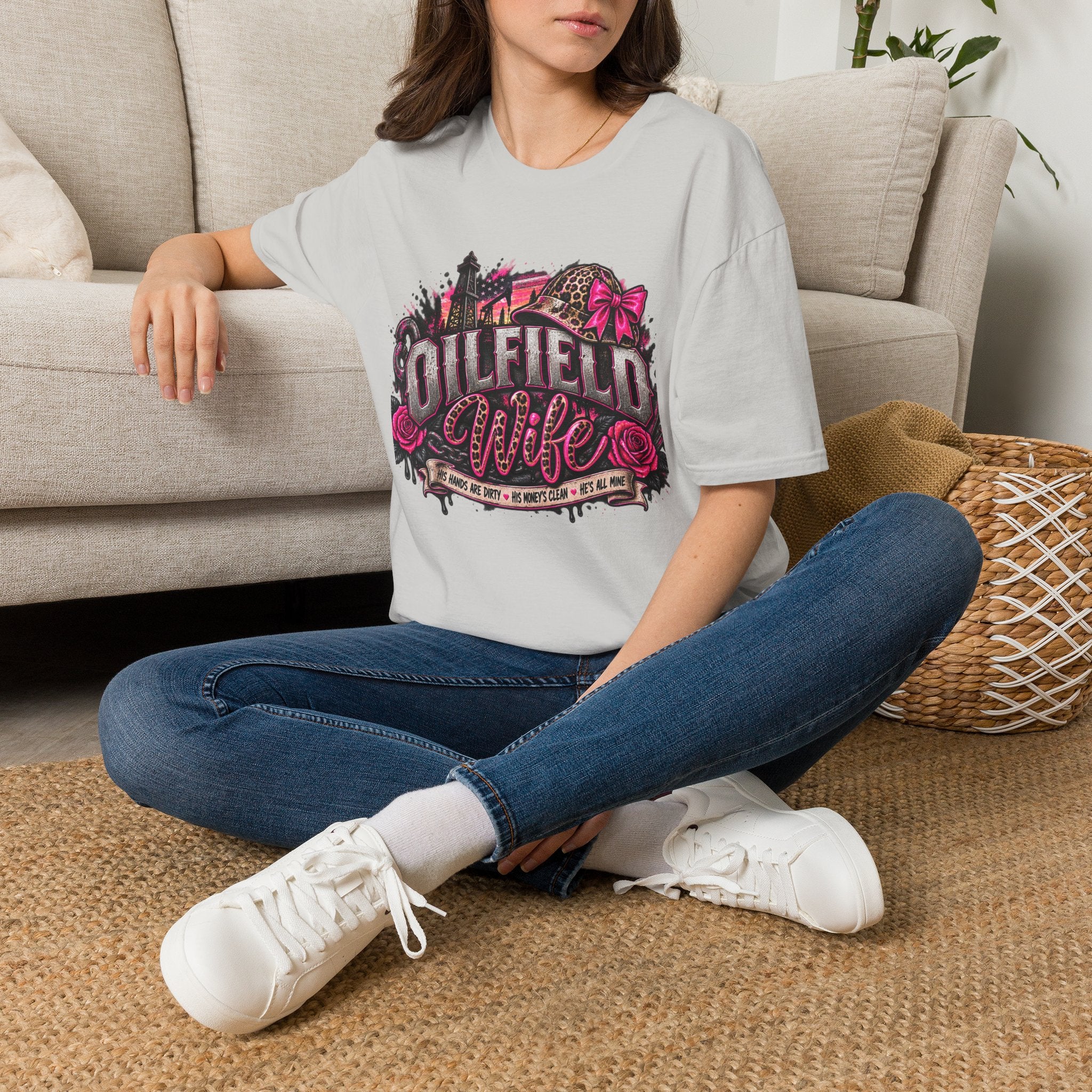 Oilfield Wife T-Shirt — Pink Leopard Bow Oilfield Graphic Tee