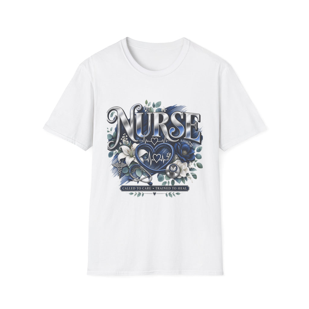 Nurse Floral Heart T‑Shirt — Blue Script Medical Pride Tee