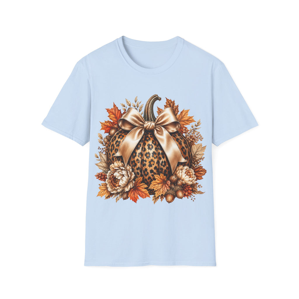 Leopard Pumpkin Fall T-Shirt — Autumn Bow & Leaves Graphic Tee