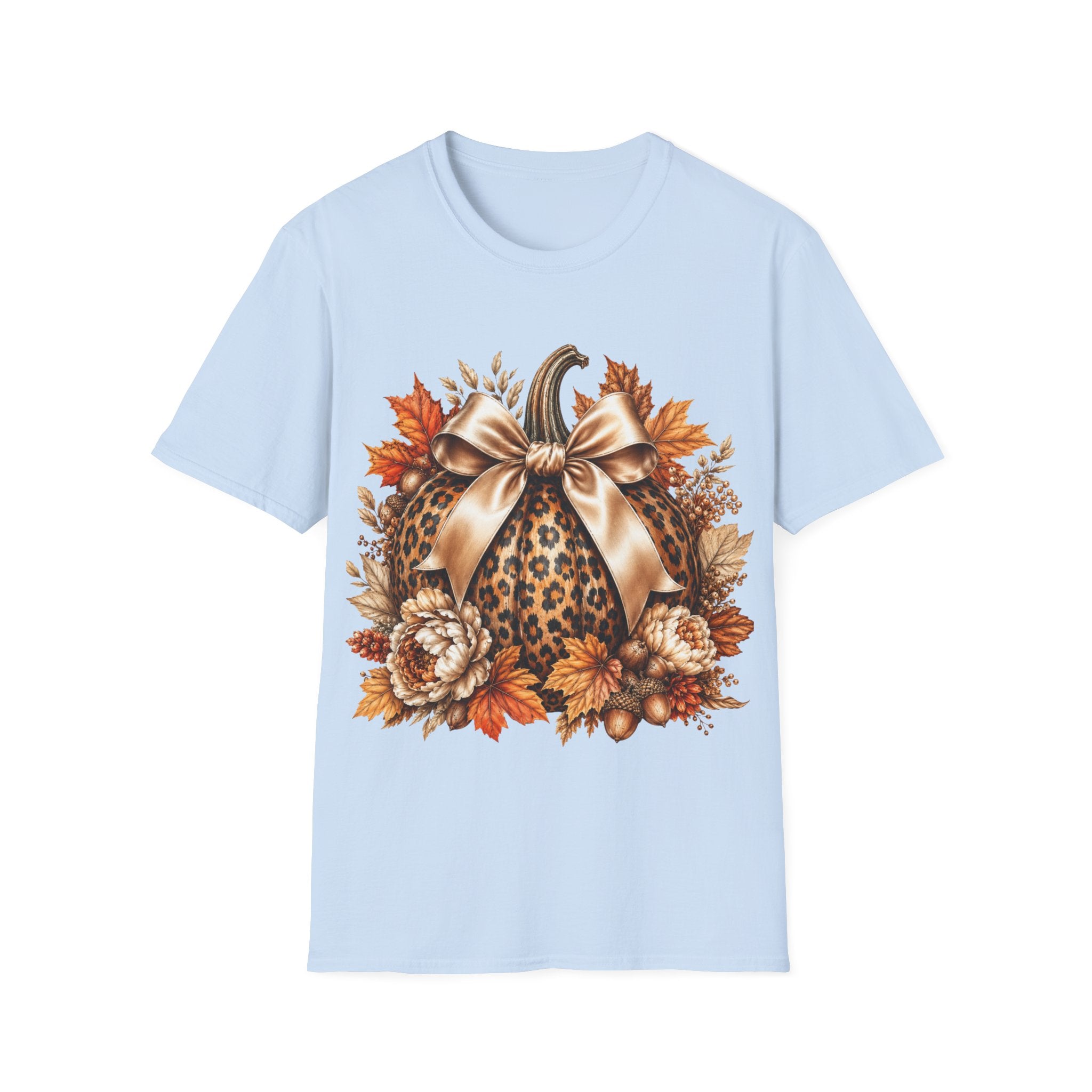 Leopard Pumpkin Fall T-Shirt — Autumn Bow & Leaves Graphic Tee