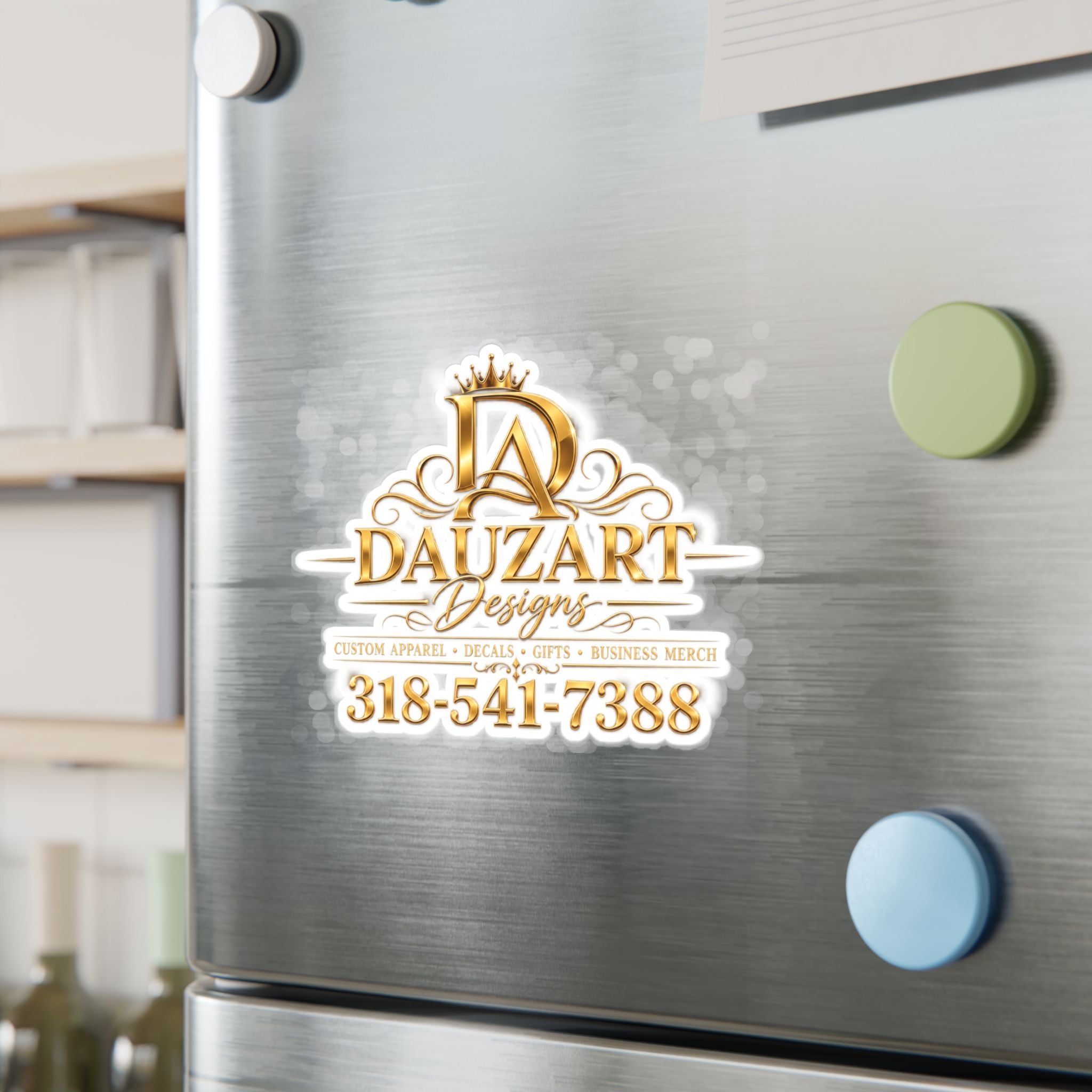 Logo Vinyl Decal — Gold "Dauzart Designs" Kiss-Cut Sticker with Phone Number