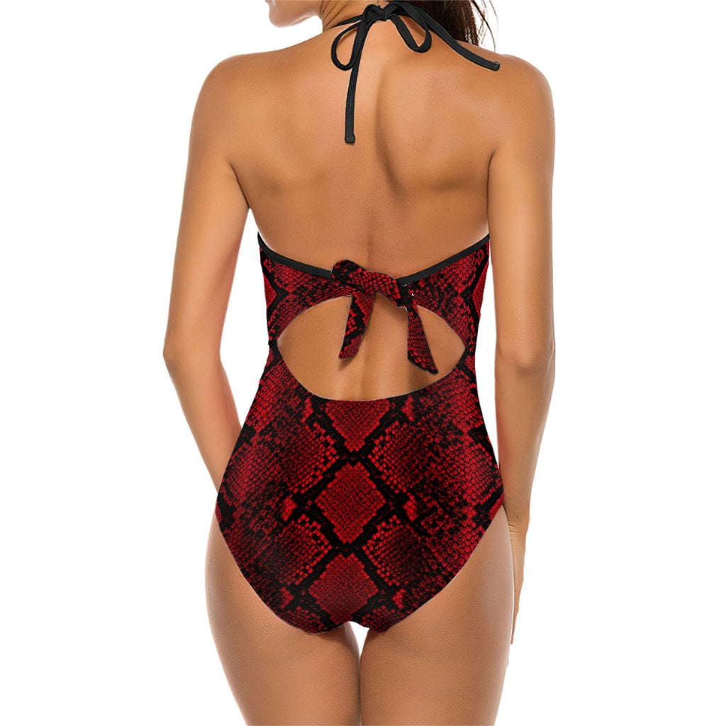 Halter One Piece Swimsuit Women Customized Services red snakeskin print