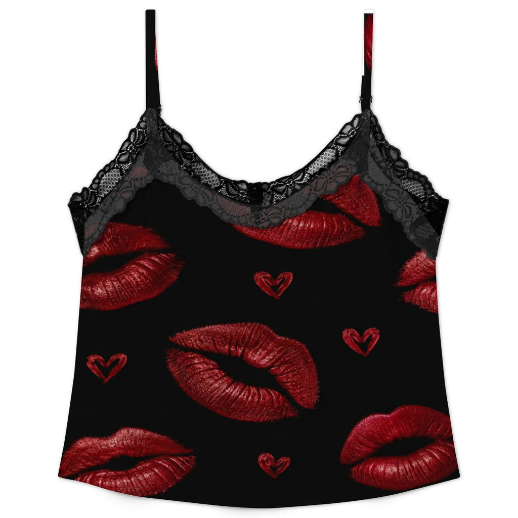 Women Cami Lace Pajama Set kiss print