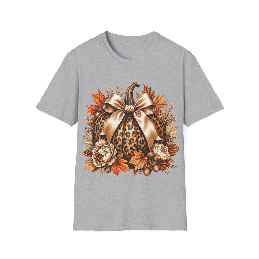 Leopard Pumpkin Fall T-Shirt — Autumn Bow & Leaves Graphic Tee