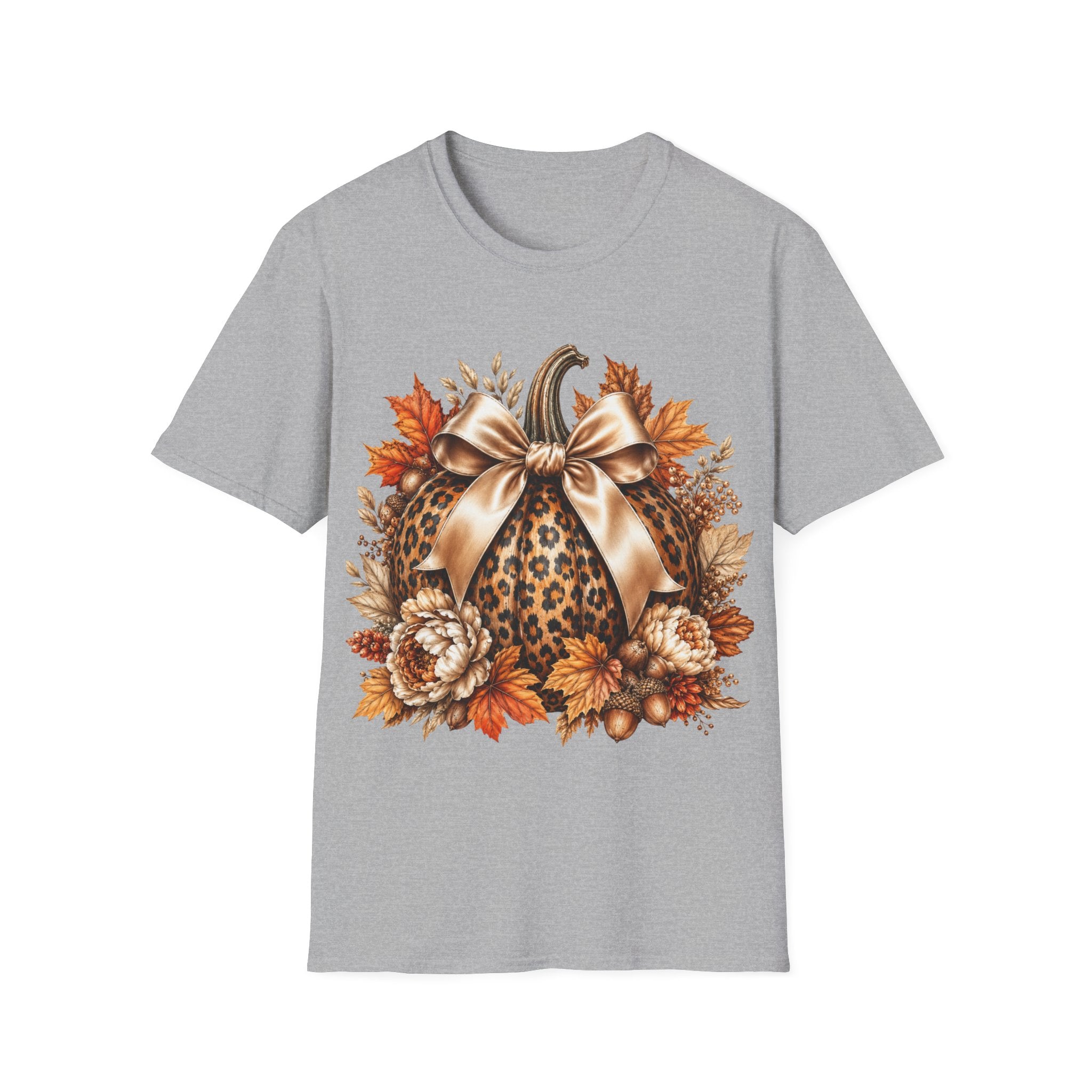 Leopard Pumpkin Fall T-Shirt — Autumn Bow & Leaves Graphic Tee