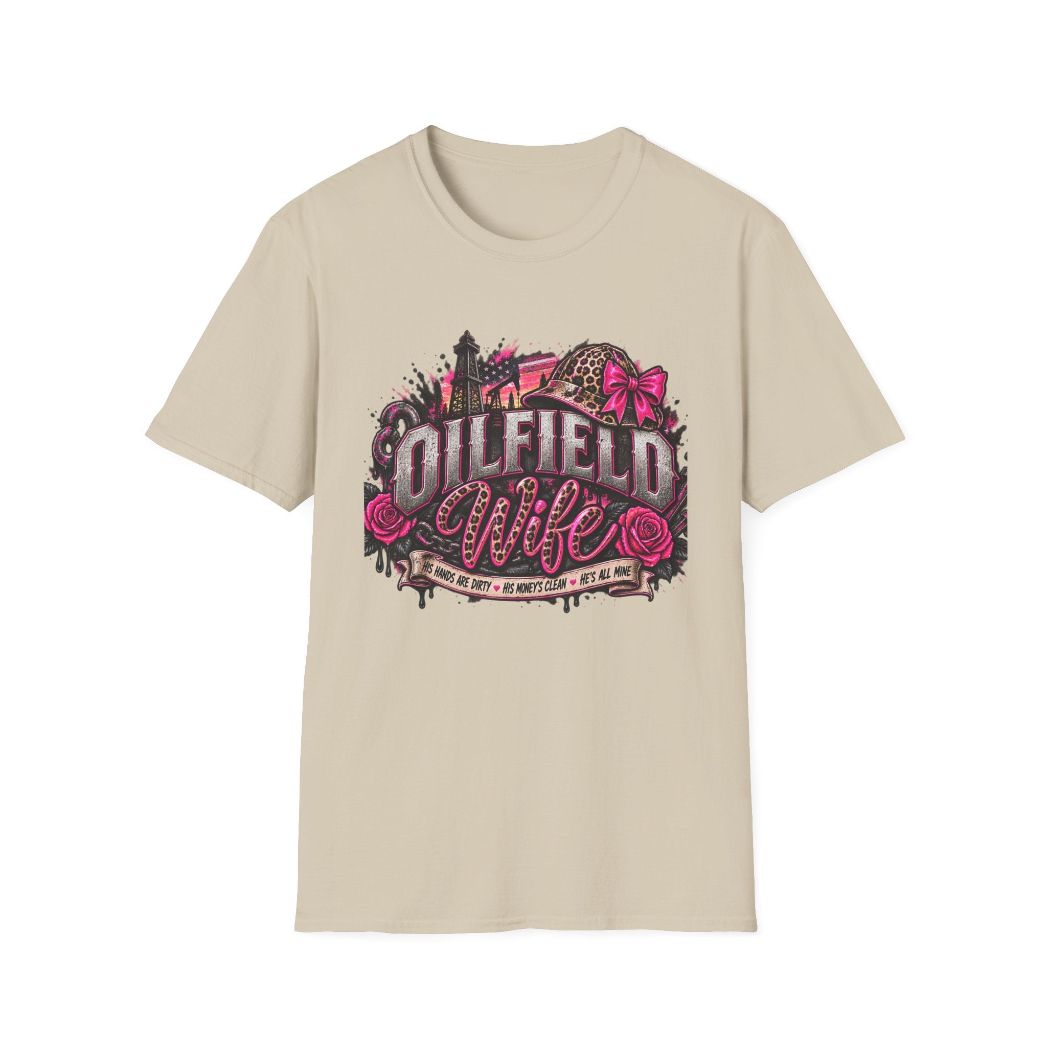 Oilfield Wife T-Shirt — Pink Leopard Bow Oilfield Graphic Tee