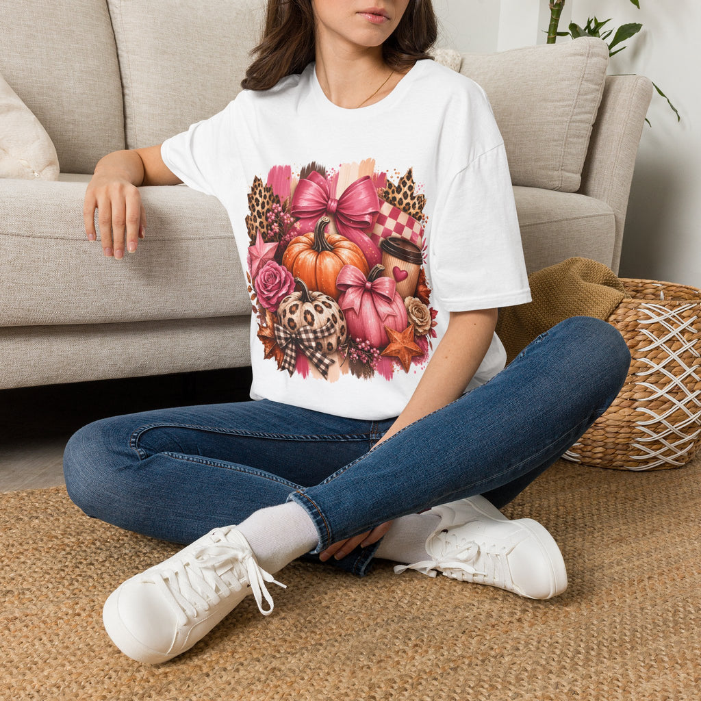 Pumpkin Bow Graphic T‑Shirt — Pink Fall Pumpkin & Leopard Coffee Tee