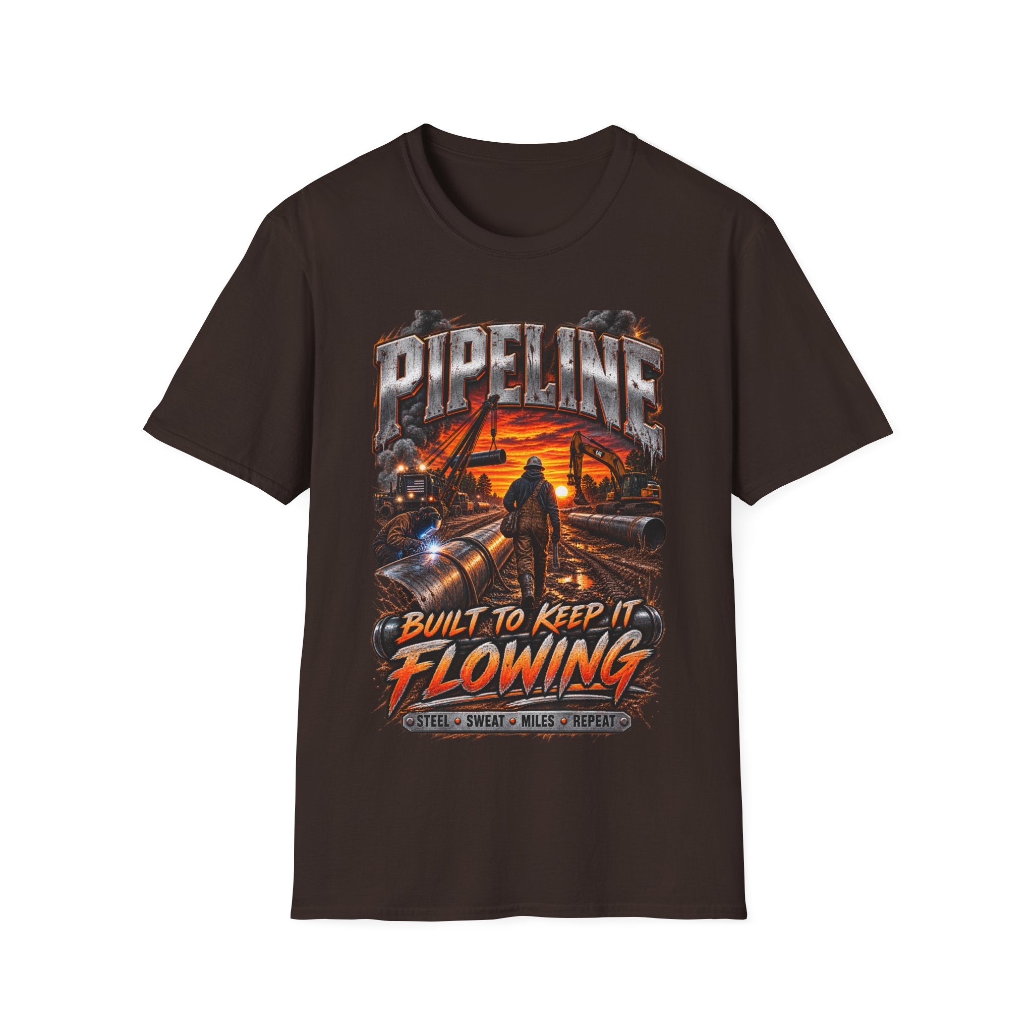 Pipeline Workers Sunset T-Shirt — "Built to Keep It Flowing" Oil & Gas Tee