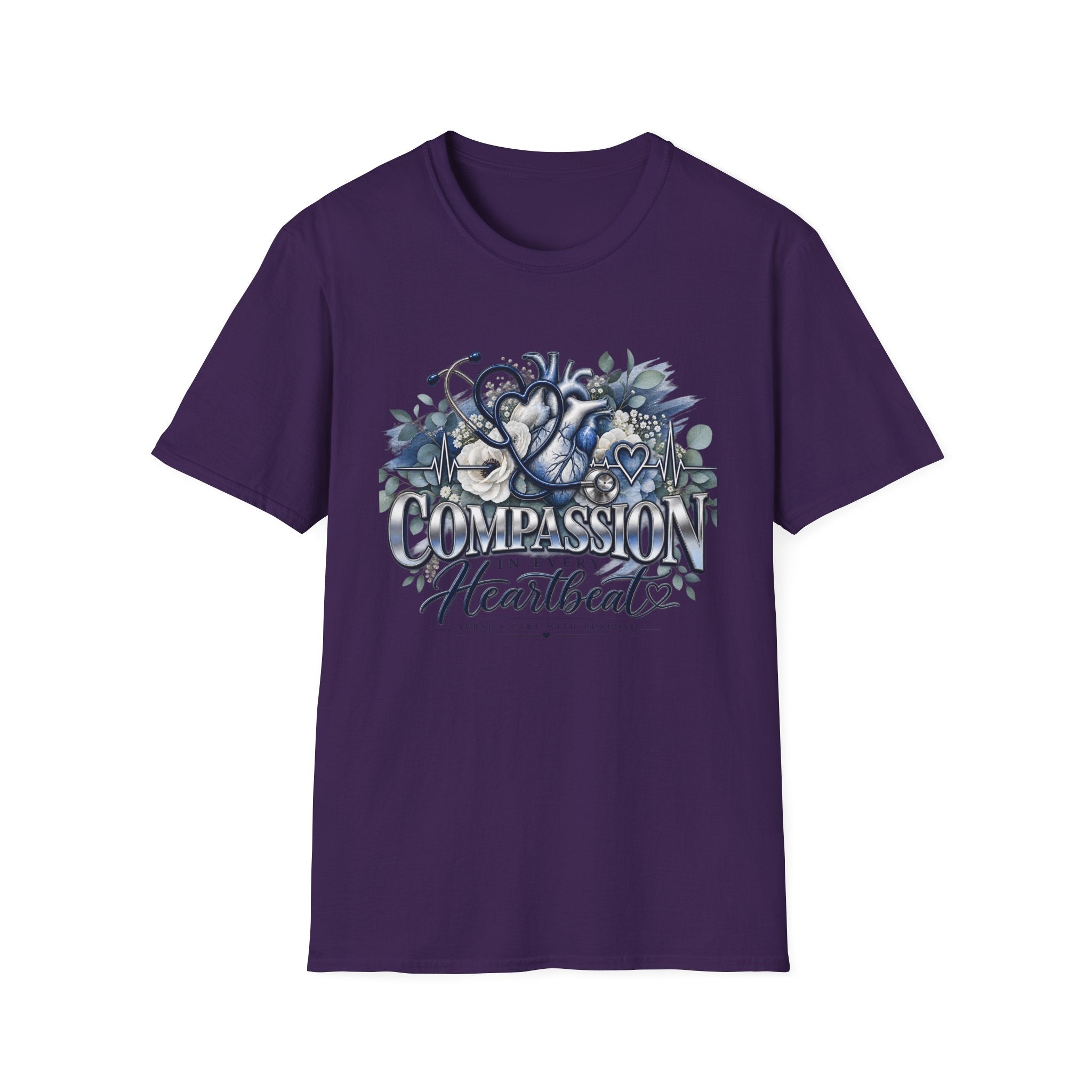 Compassion Heartbeat T-Shirt — Stethoscope & Floral Nurse Medical Tee