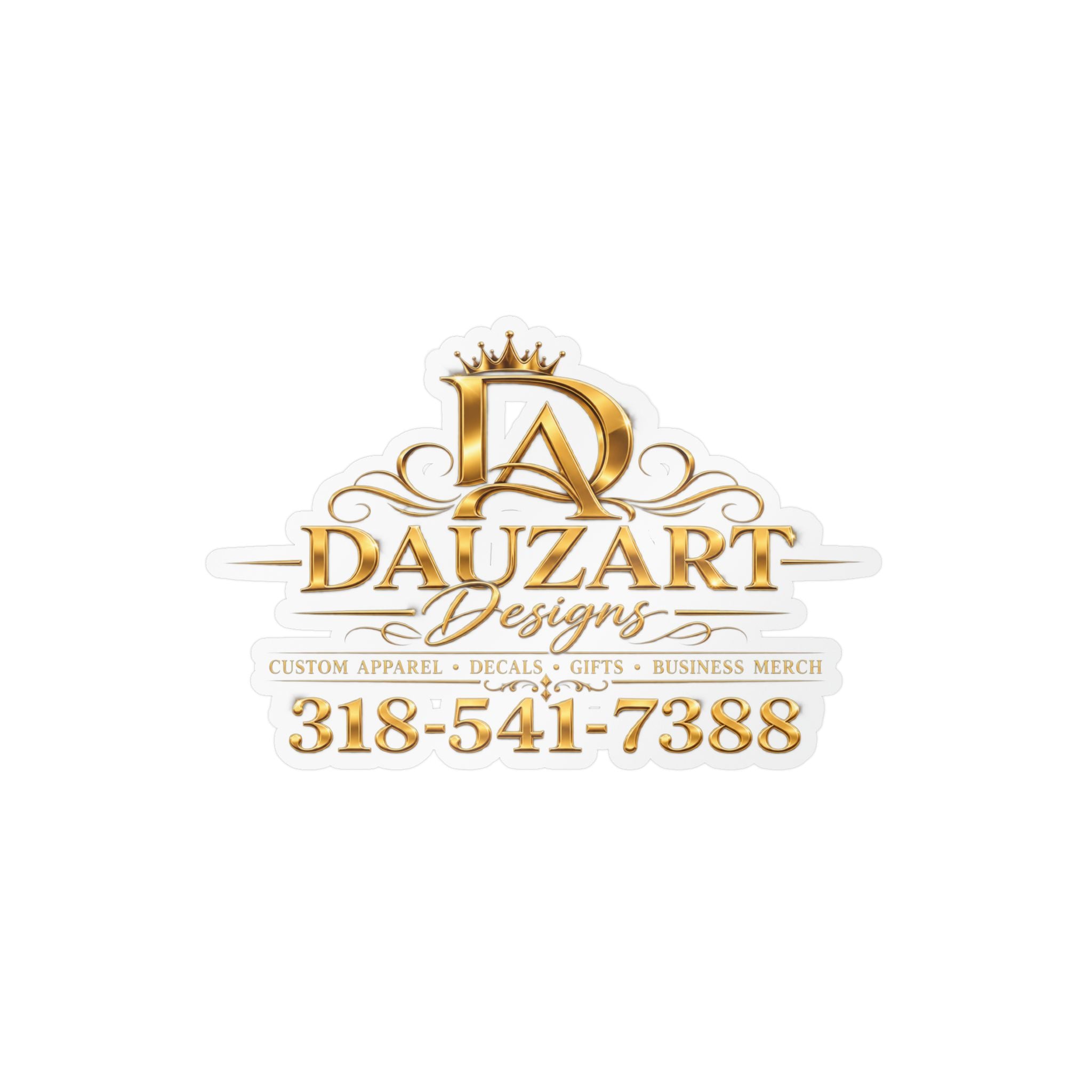 Logo Vinyl Decal — Gold "Dauzart Designs" Kiss-Cut Sticker with Phone Number